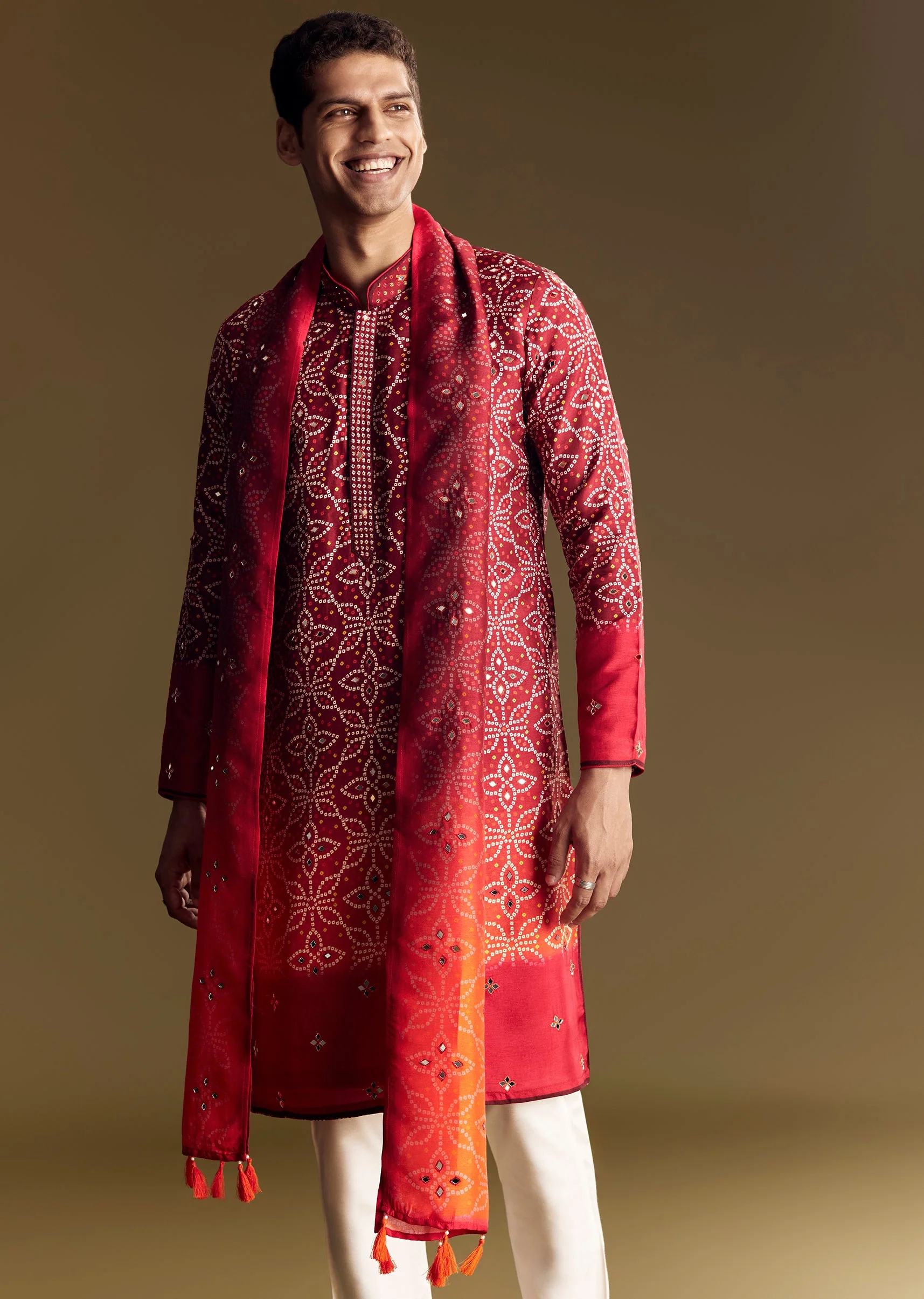 Fiery Festive Couple Set – Orange And Red Chinon Saree With Sequin And Bead Embroidery For Her And Red Ombre Kurta Set With Mirror Work For Him - Image 13