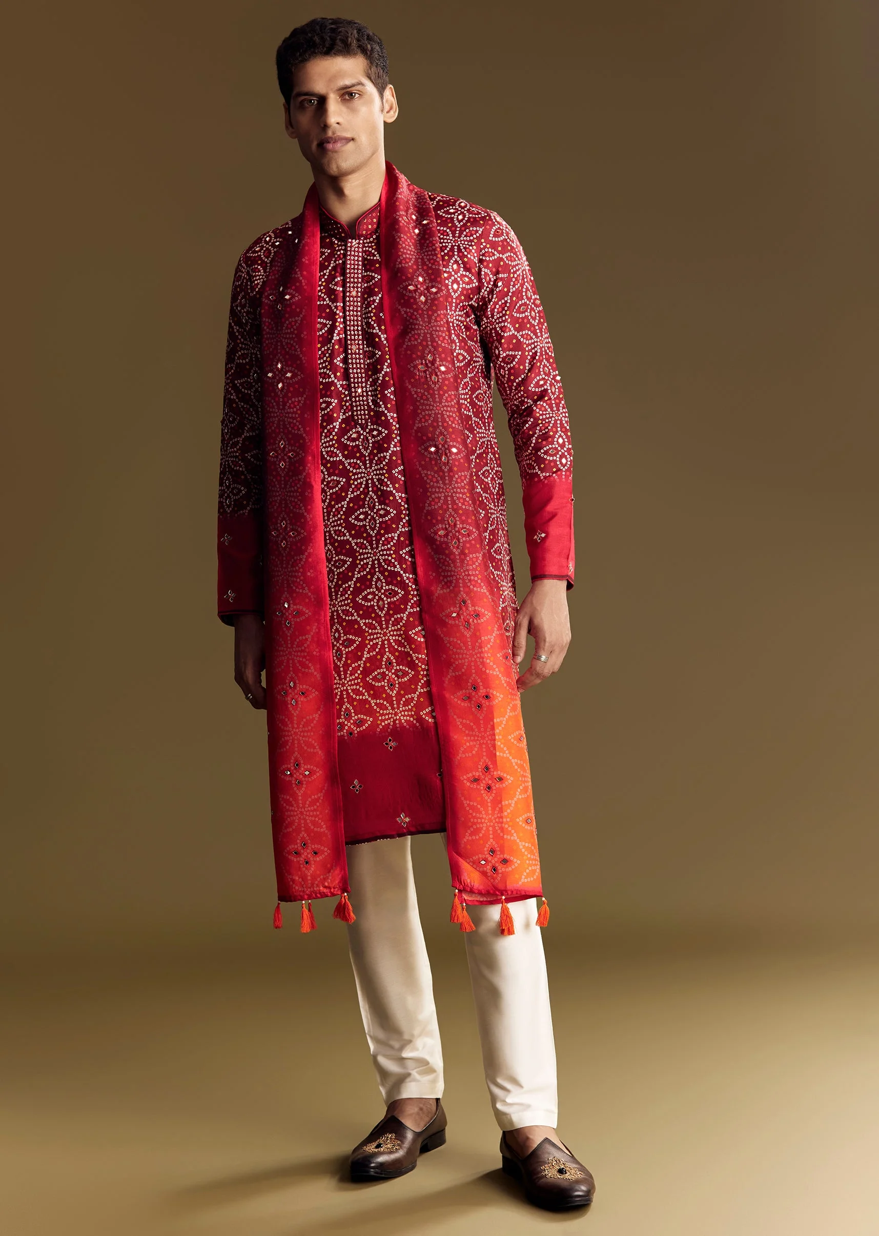 Fiery Festive Couple Set – Orange And Red Chinon Saree With Sequin And Bead Embroidery For Her And Red Ombre Kurta Set With Mirror Work For Him - Image 15