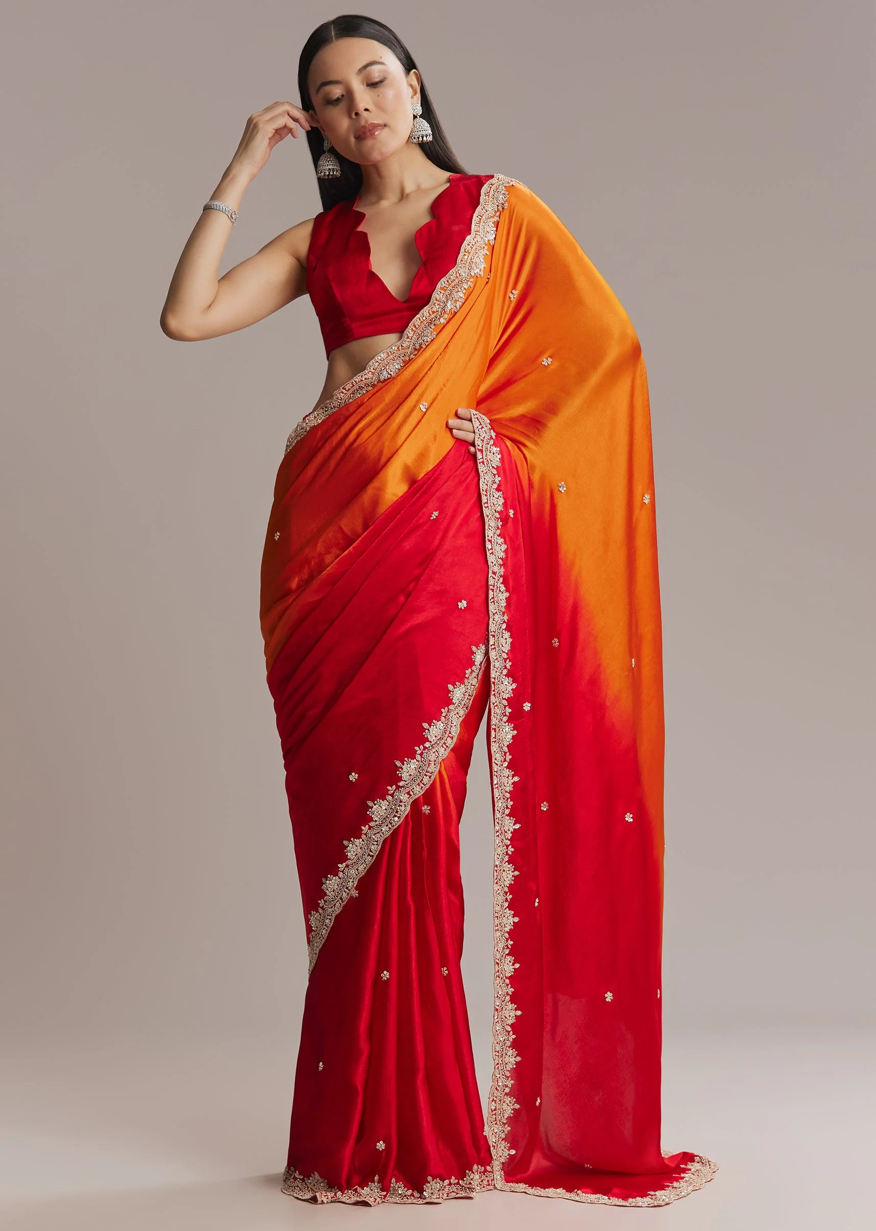 Fiery Festive Couple Set – Orange And Red Chinon Saree With Sequin And Bead Embroidery For Her And Red Ombre Kurta Set With Mirror Work For Him - Image 4
