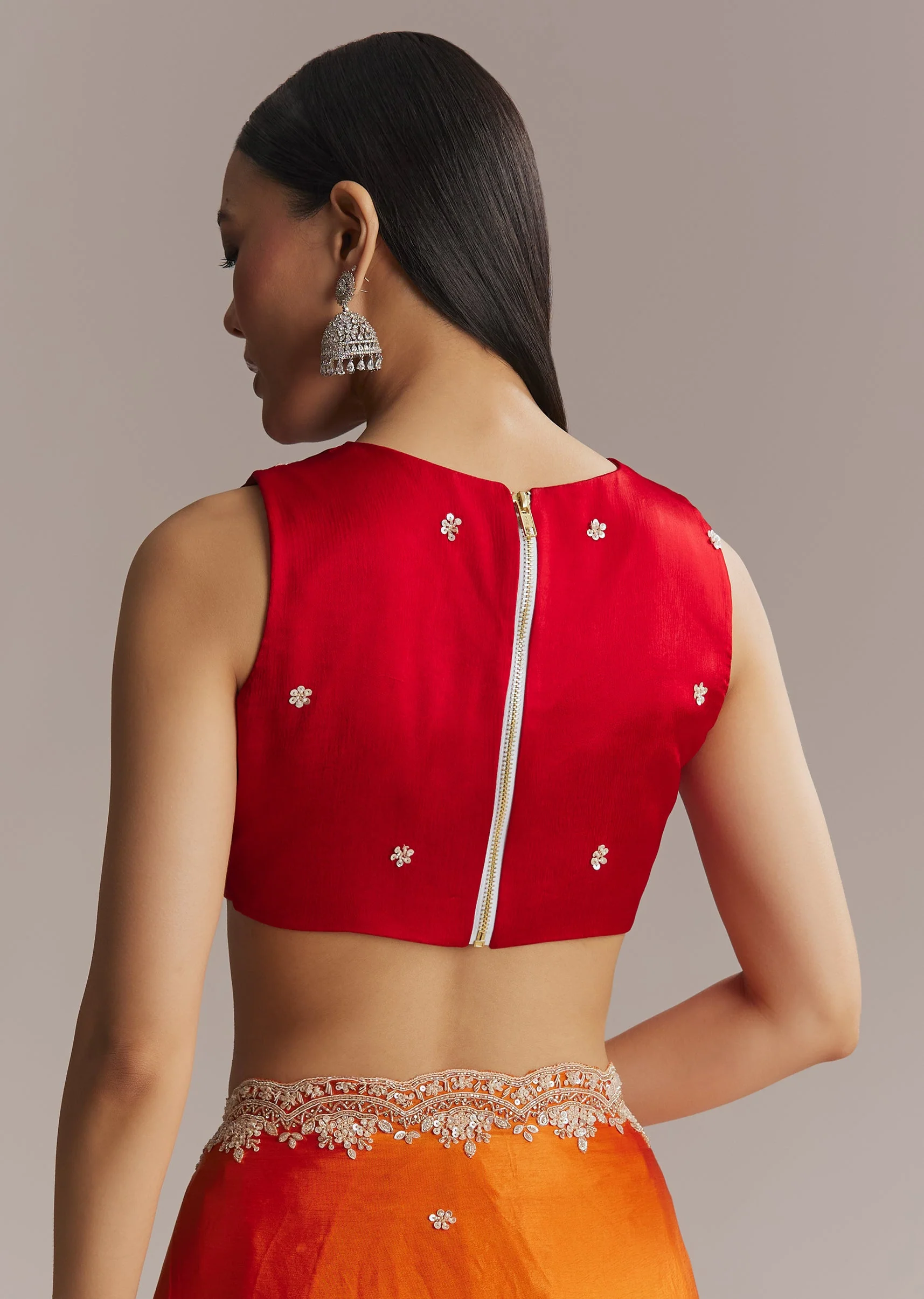 Fiery Festive Couple Set – Orange And Red Chinon Saree With Sequin And Bead Embroidery For Her And Red Ombre Kurta Set With Mirror Work For Him - Image 9