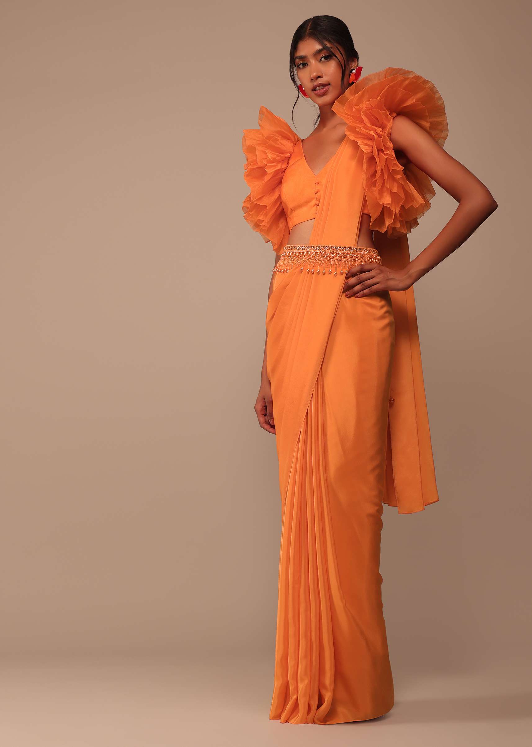 Fire Orange Crepe Indo-western Saree With Pearl Embroidered Belt