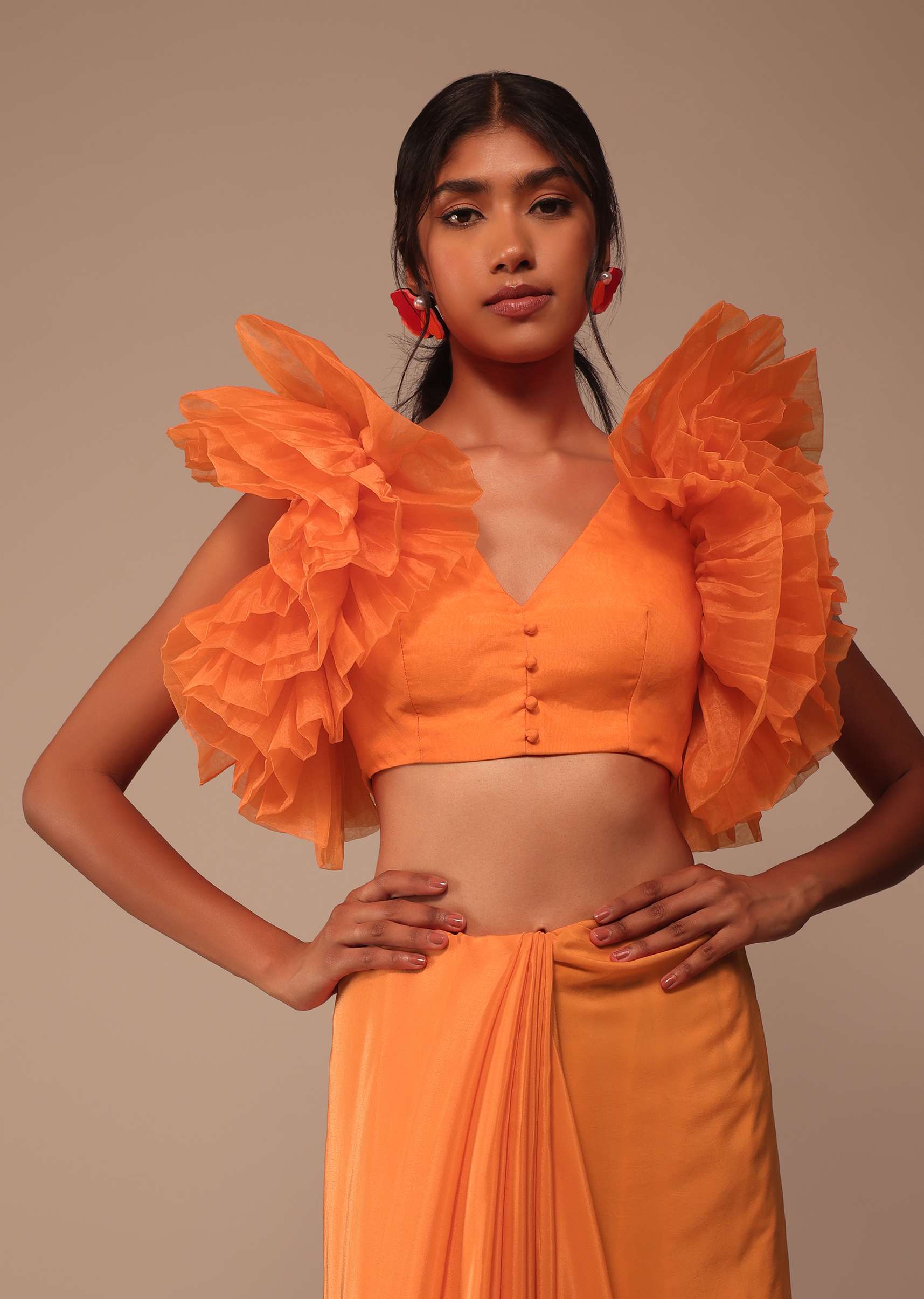 Fire Orange Crepe Indo-western Saree With Pearl Embroidered Belt - Image 2