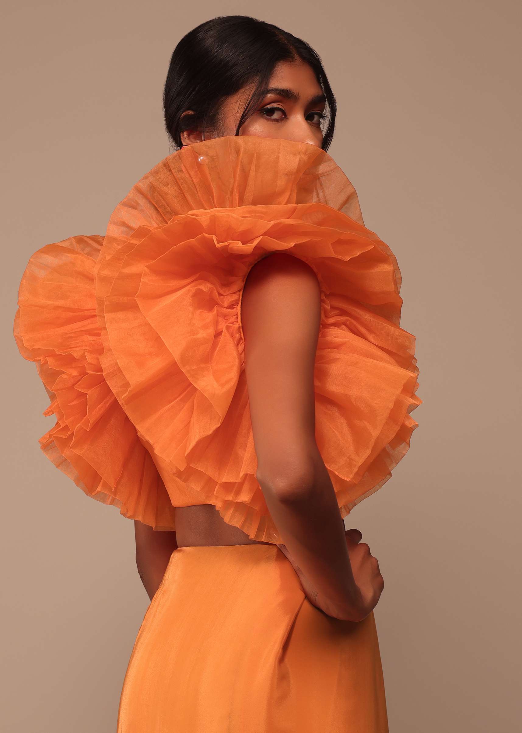 Fire Orange Crepe Indo-western Saree With Pearl Embroidered Belt - Image 5