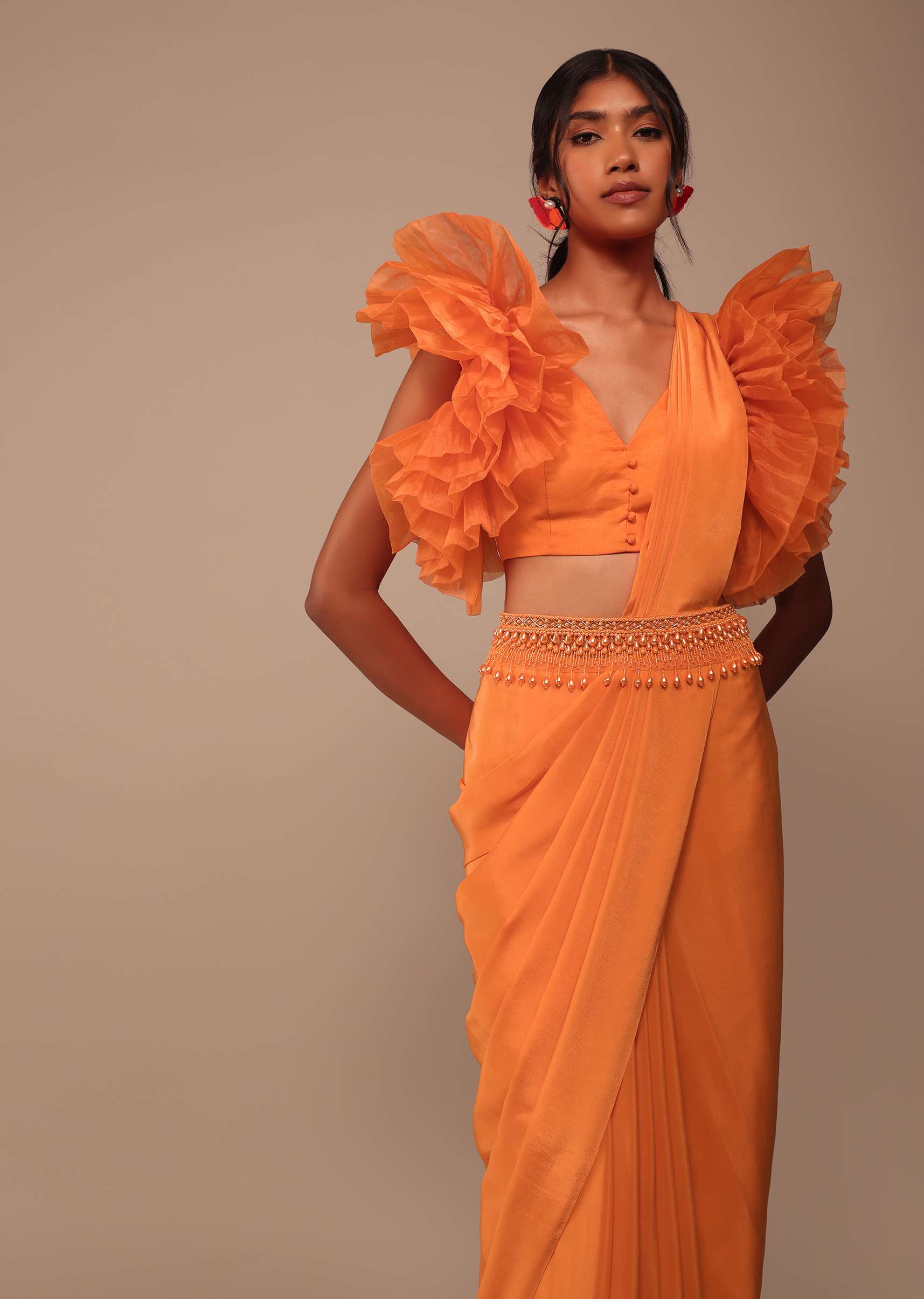 Fire Orange Crepe Indo-western Saree With Pearl Embroidered Belt - Image 6