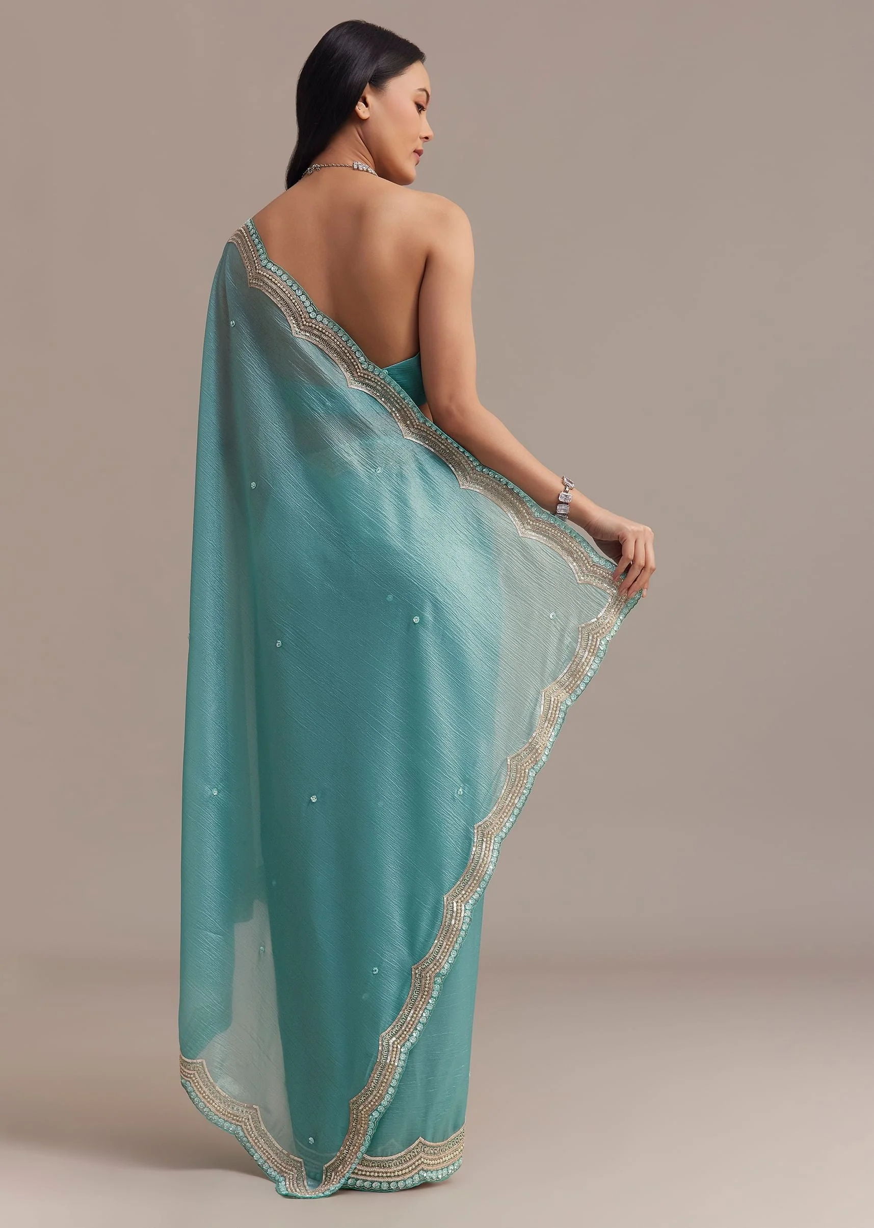 Firozi Blue Crushed Tissue Saree With Sequins Embellished Scallop Border - Image 6