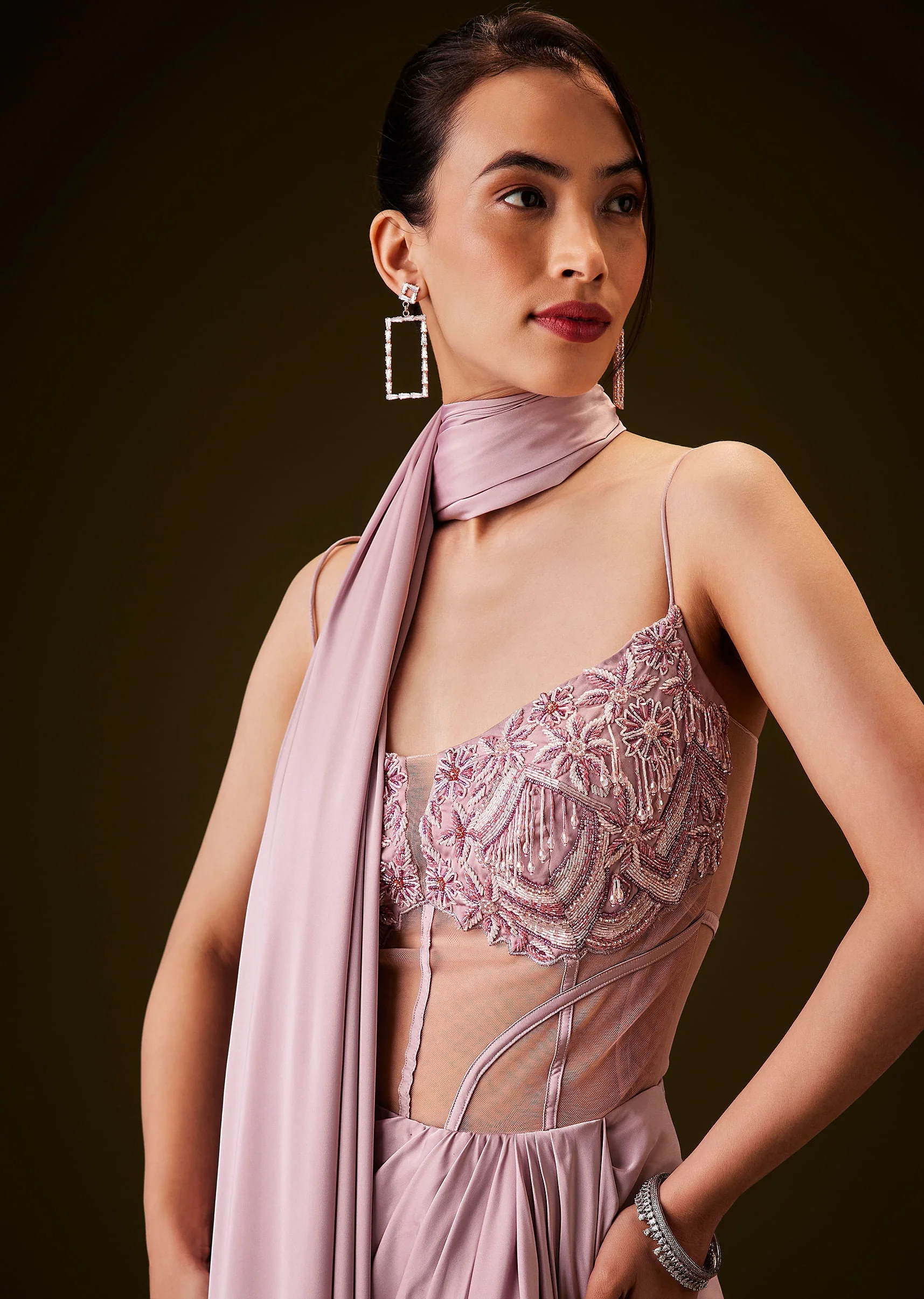 Flamingo Pink Pre Draped Indo Western Saree - Image 2