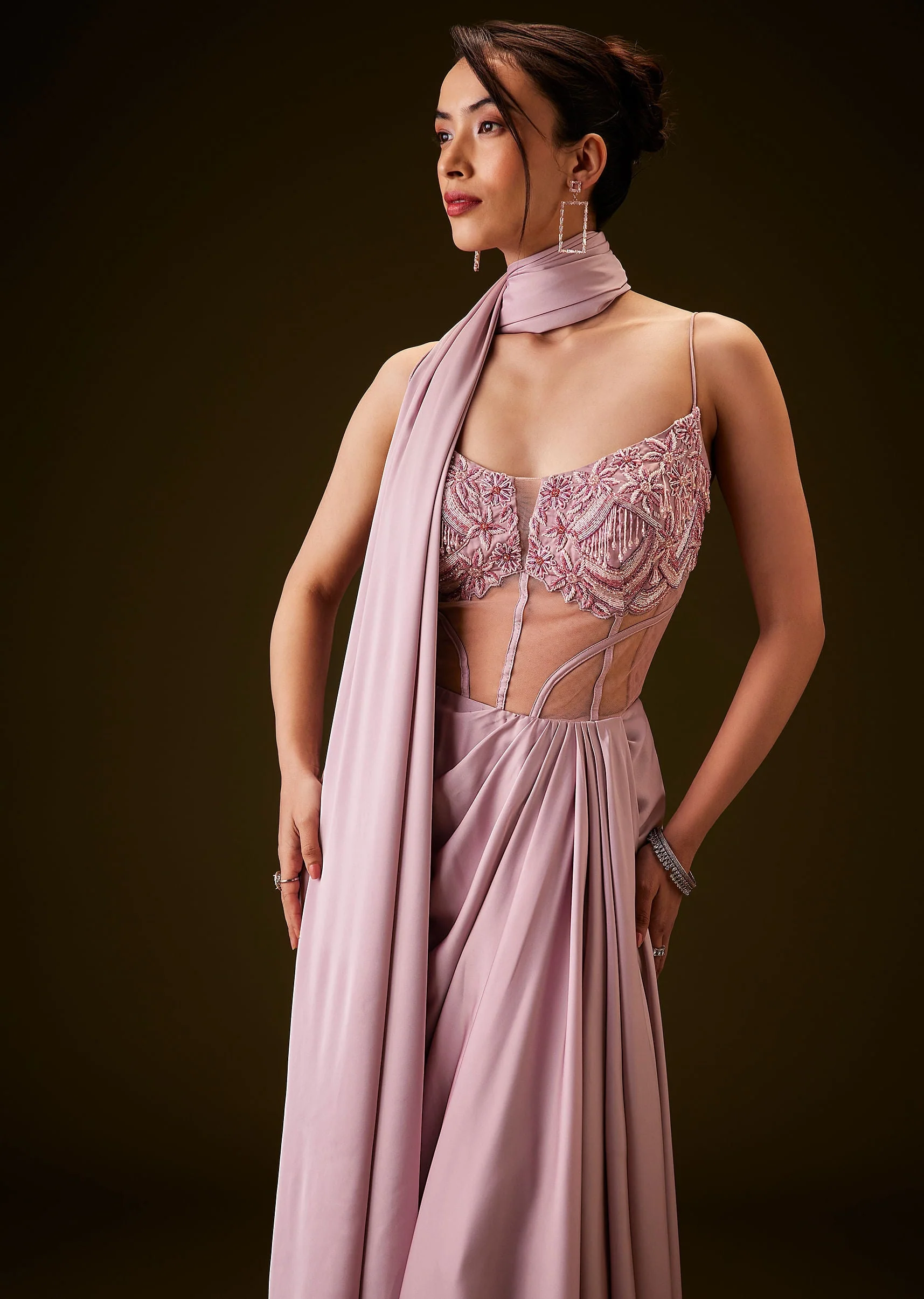 Flamingo Pink Pre Draped Indo Western Saree - Image 4