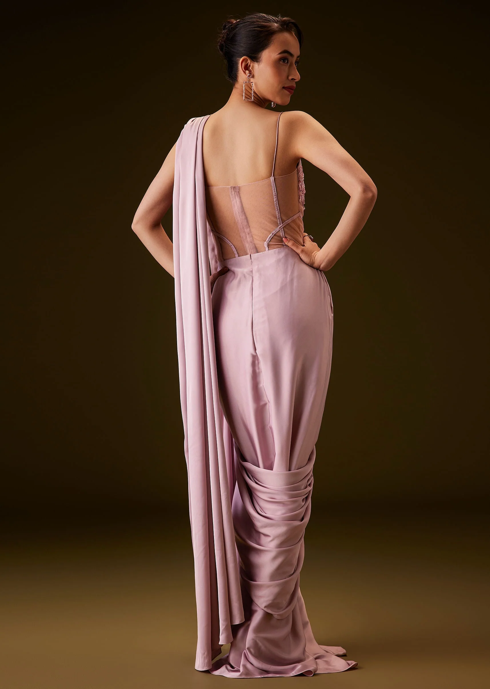 Flamingo Pink Pre Draped Indo Western Saree - Image 5