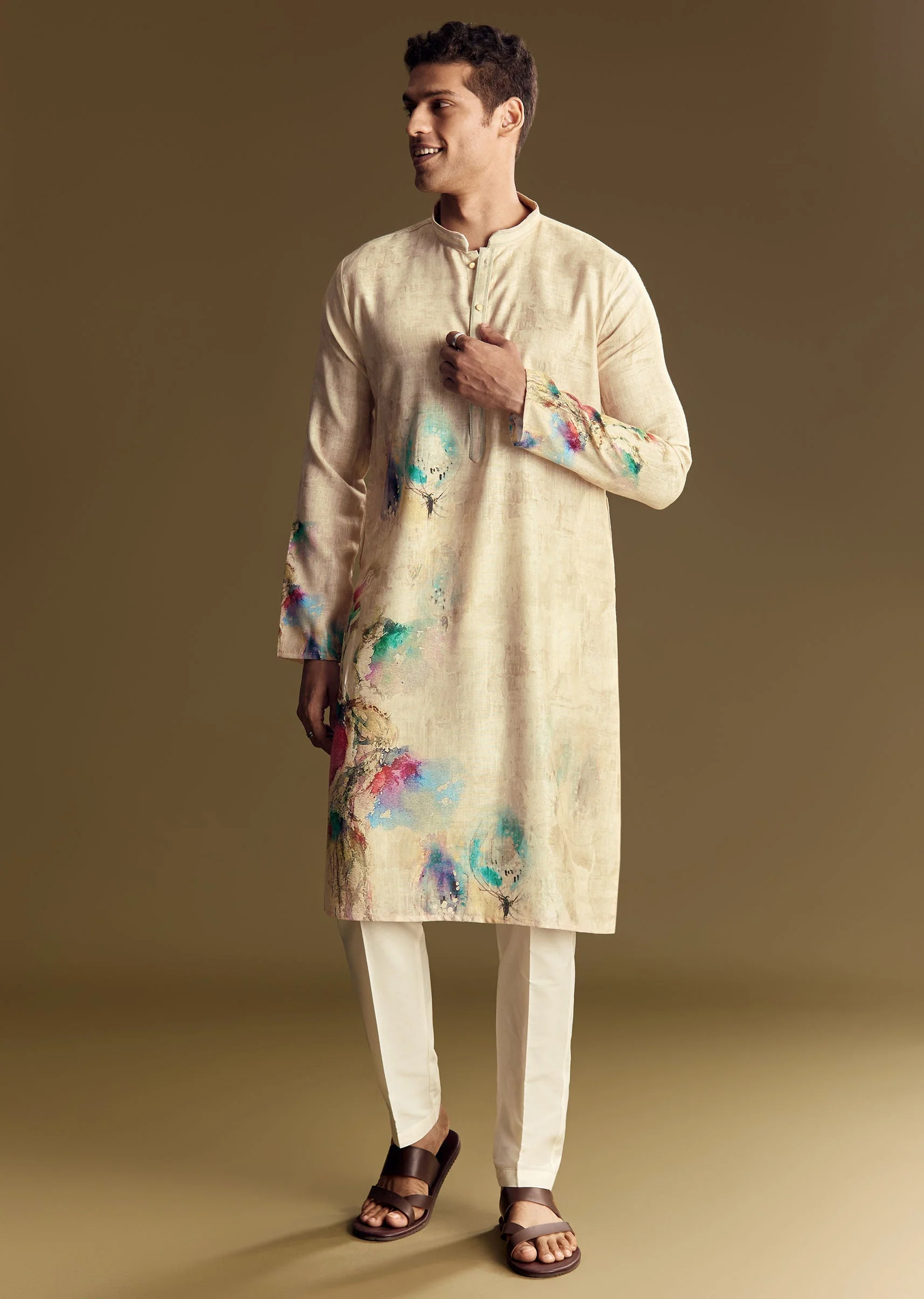 Floral Beige Linen Kurta Set - Image 4