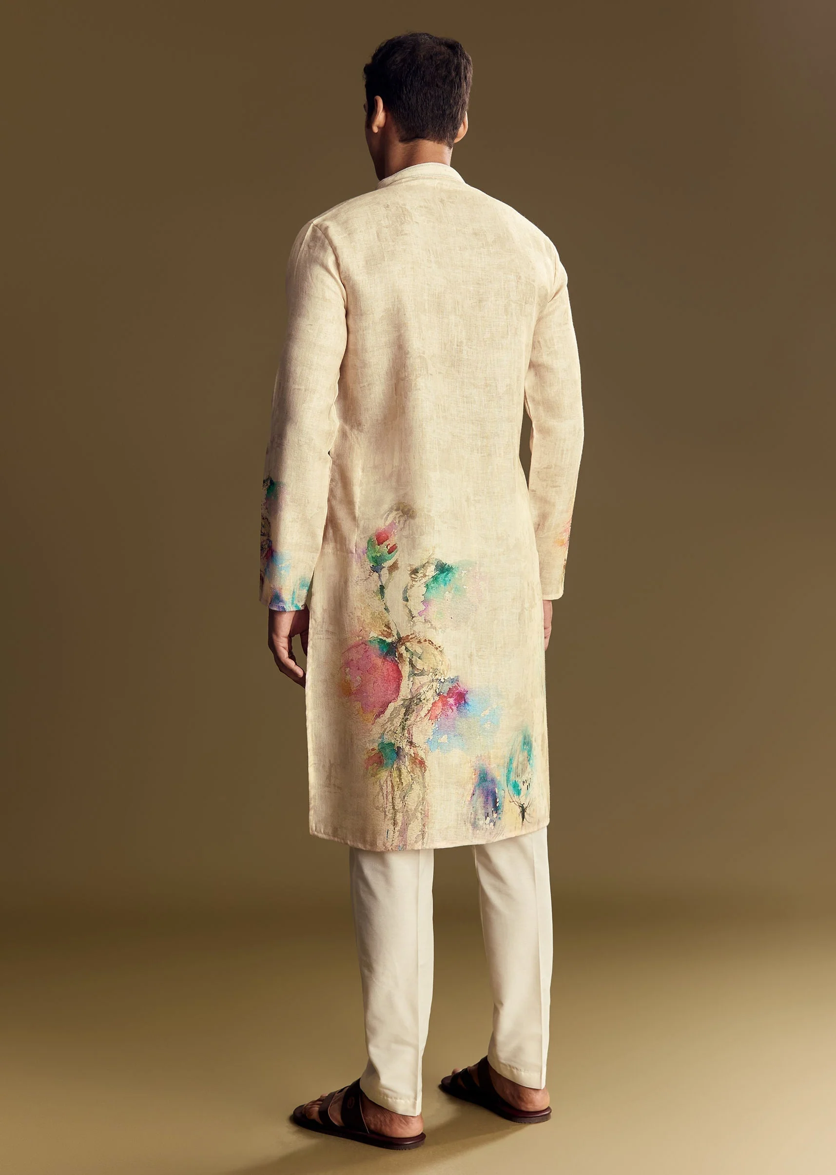 Floral Beige Linen Kurta Set - Image 5