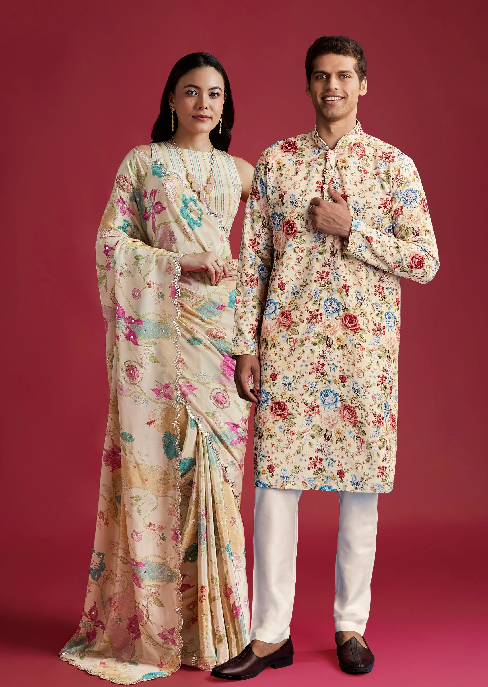 Floral Ivory Duo – Printed Saree For Her And Embroidered Kurta Set For Him
