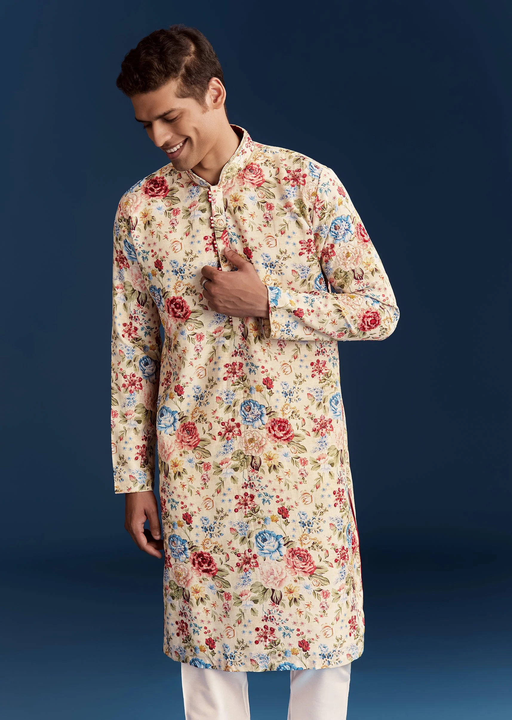 Floral Ivory Duo – Printed Saree For Her And Embroidered Kurta Set For Him - Image 10