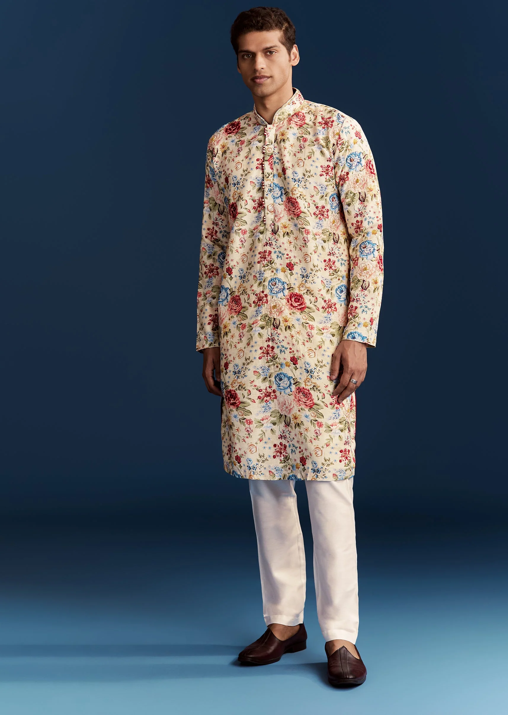 Floral Ivory Duo – Printed Saree For Her And Embroidered Kurta Set For Him - Image 11