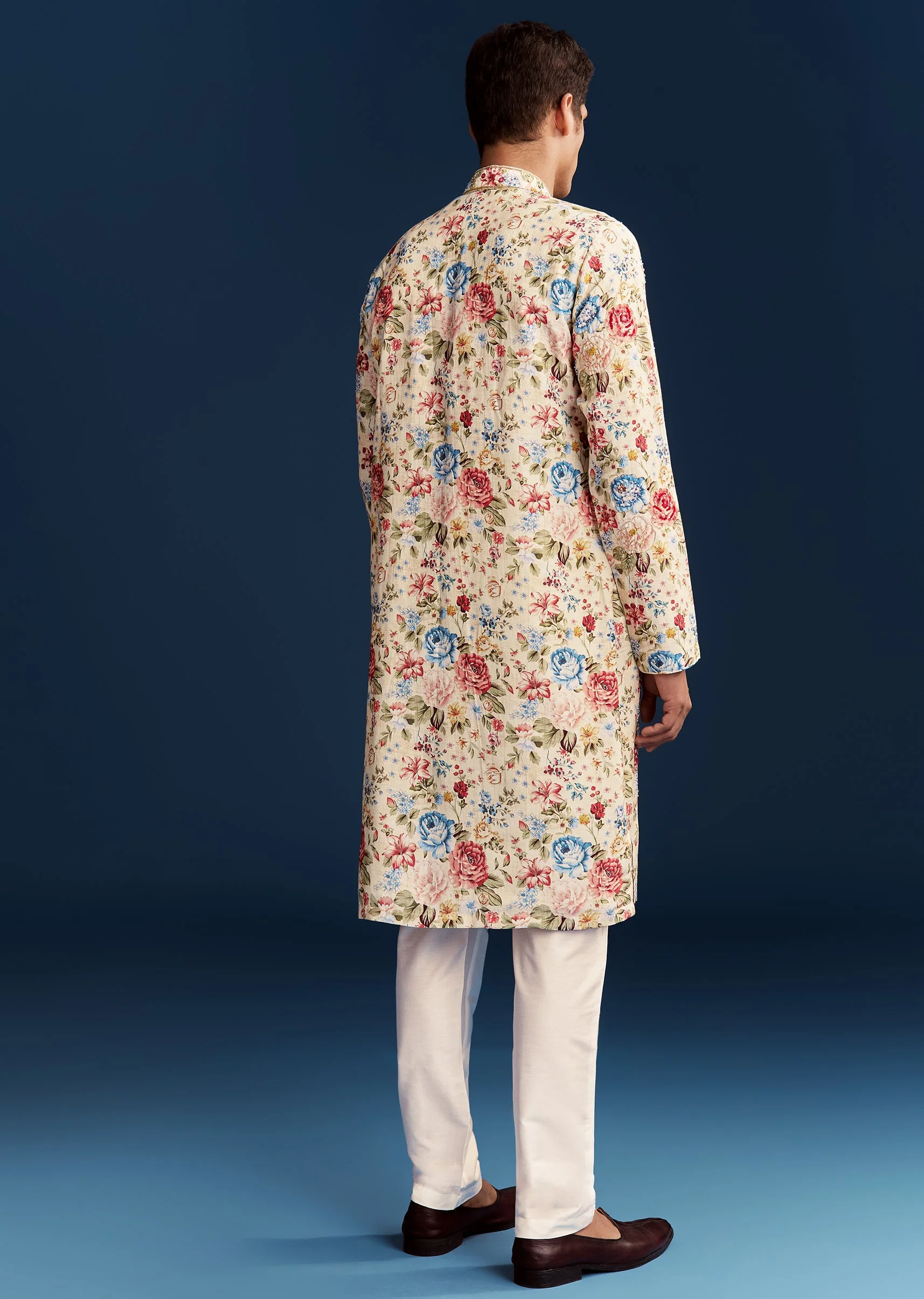 Floral Ivory Duo – Printed Saree For Her And Embroidered Kurta Set For Him - Image 12