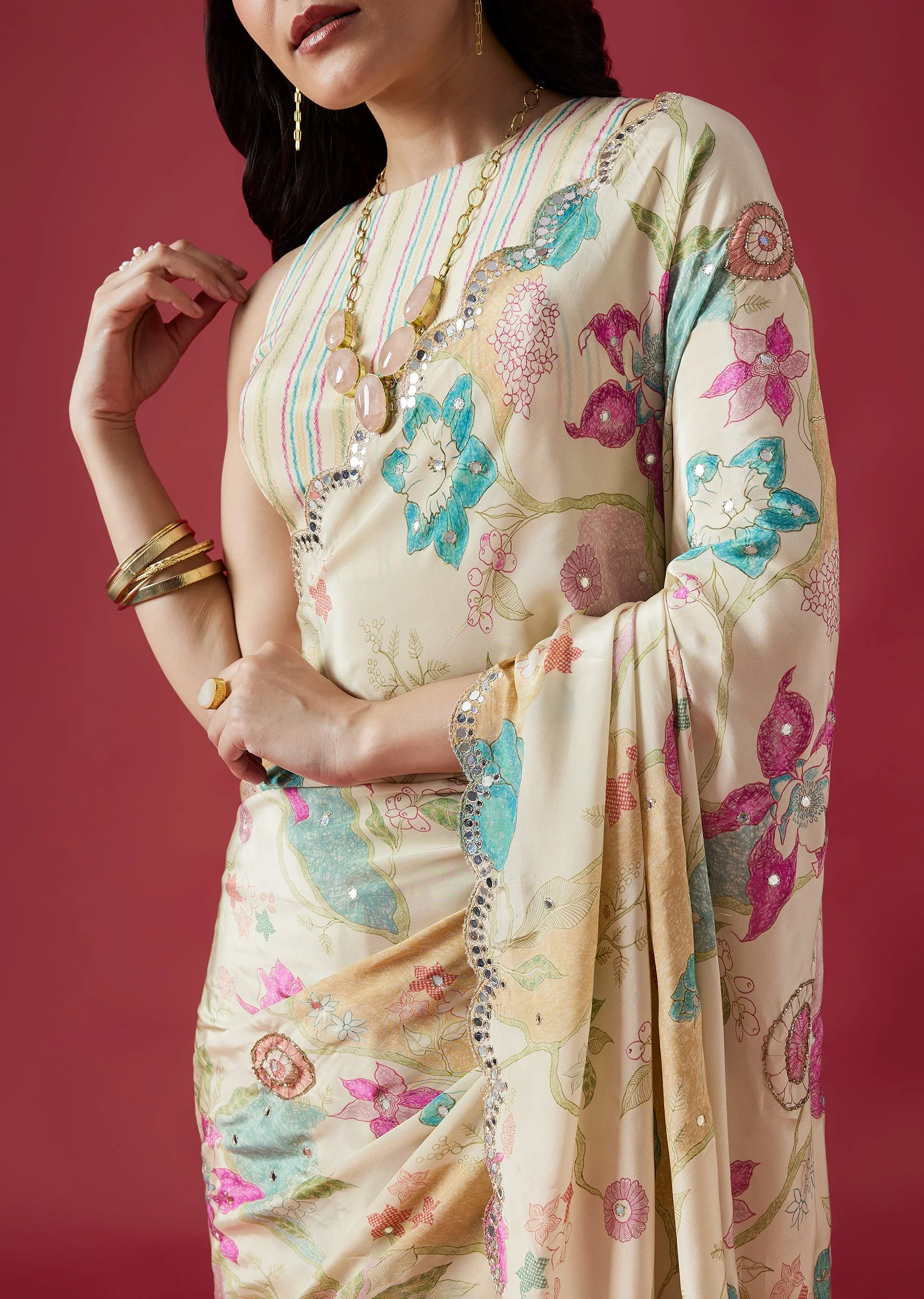 Floral Ivory Duo – Printed Saree For Her And Embroidered Kurta Set For Him - Image 2
