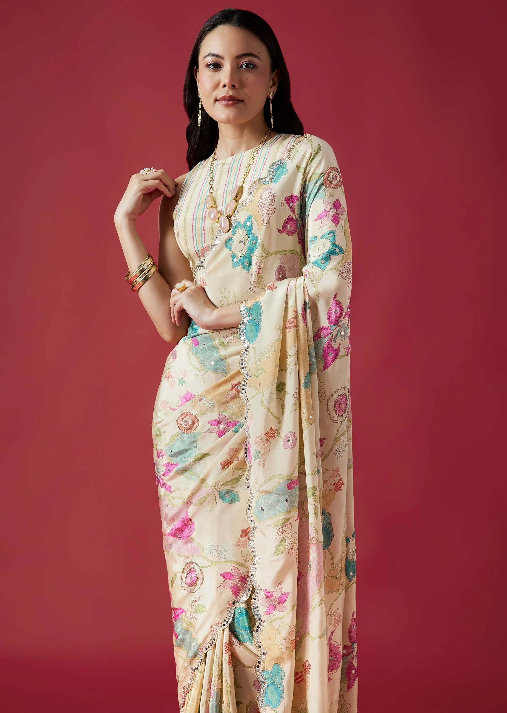 Floral Ivory Duo – Printed Saree For Her And Embroidered Kurta Set For Him - Image 4