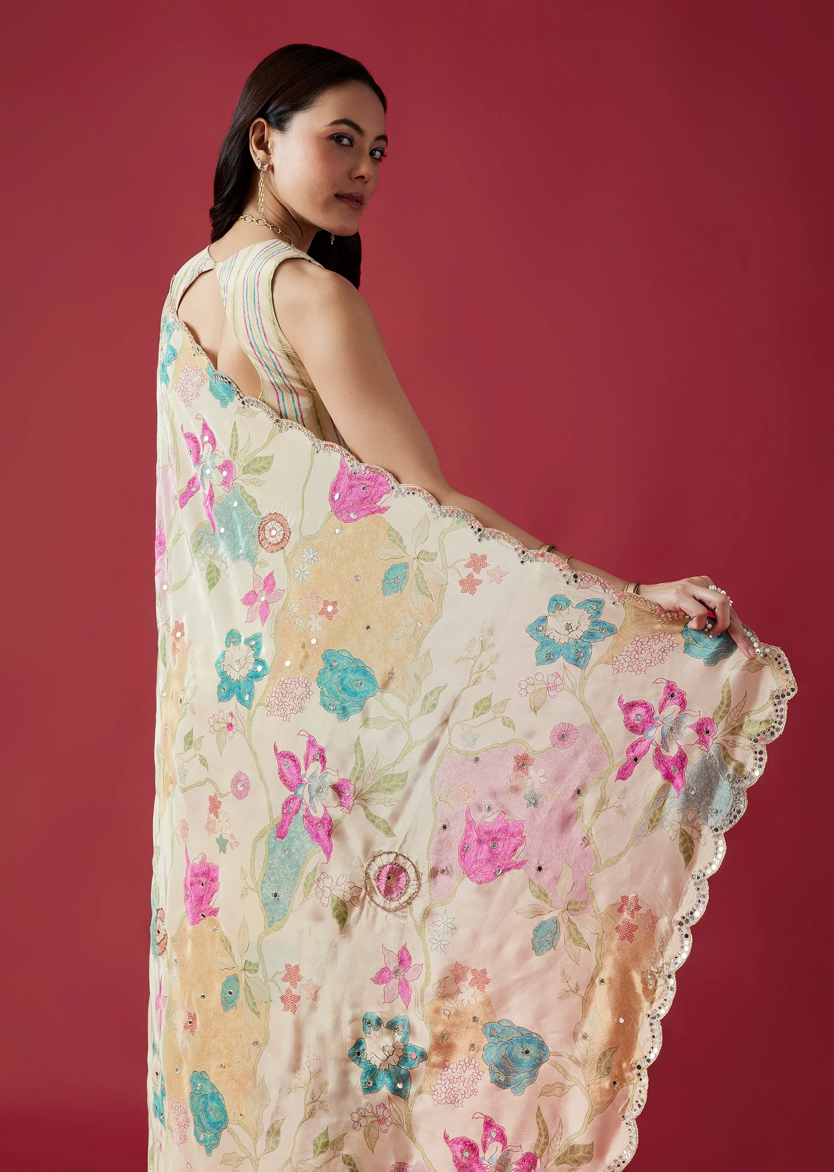 Floral Ivory Duo – Printed Saree For Her And Embroidered Kurta Set For Him - Image 5