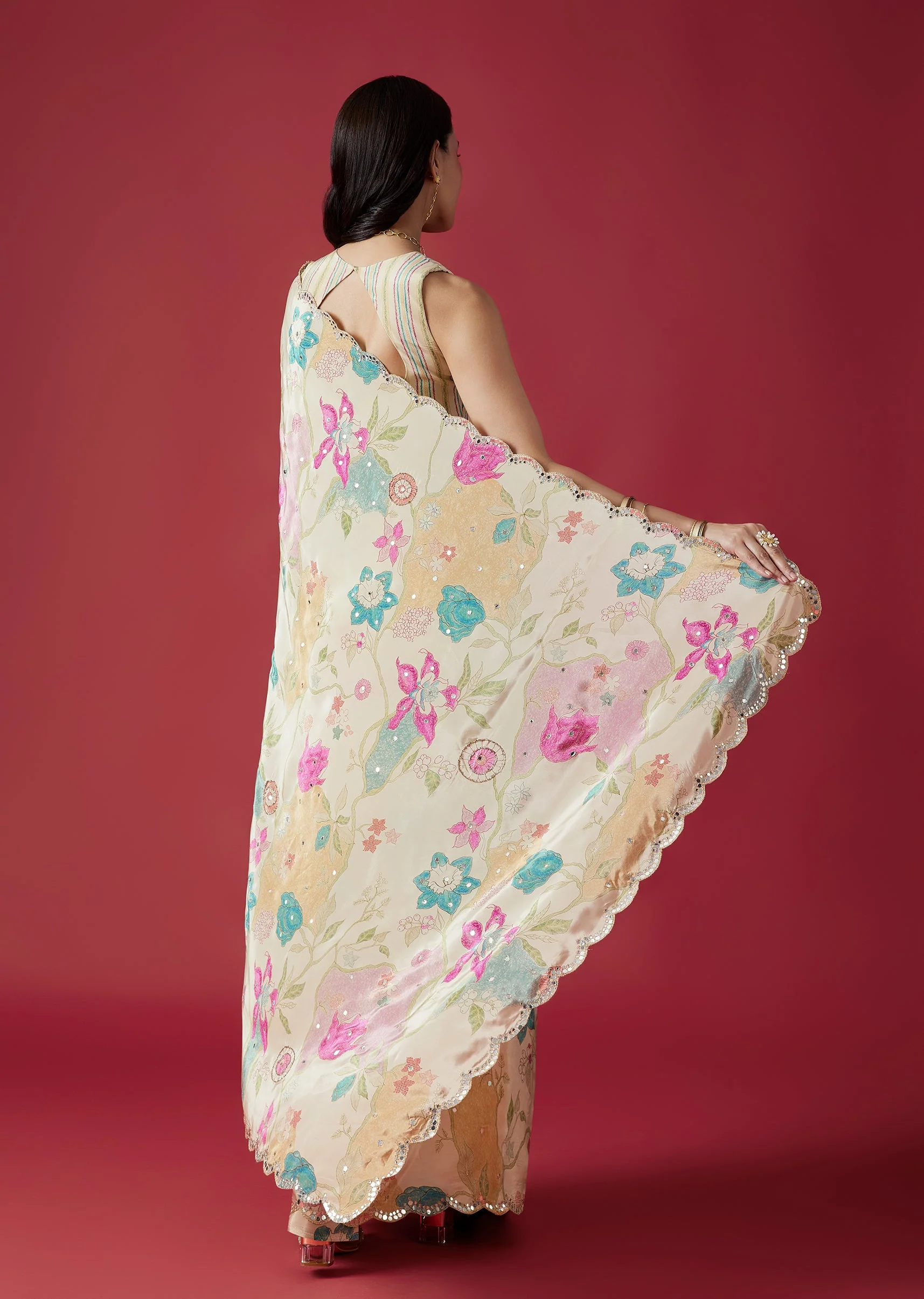 Floral Ivory Duo – Printed Saree For Her And Embroidered Kurta Set For Him - Image 6