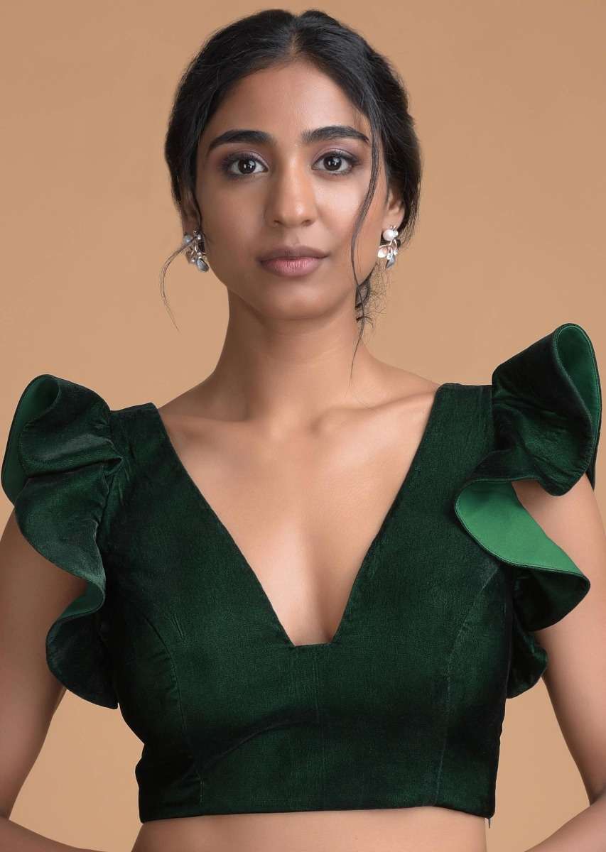 Forest Green Blouse In Velvet With Trapeze Neck And Ruffle Sleeves