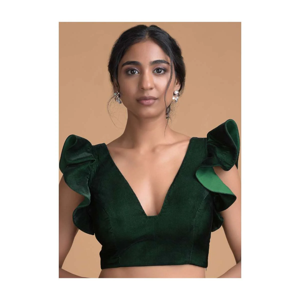 Forest Green Blouse In Velvet With Trapeze Neck And Ruffle Sleeves - Image 3