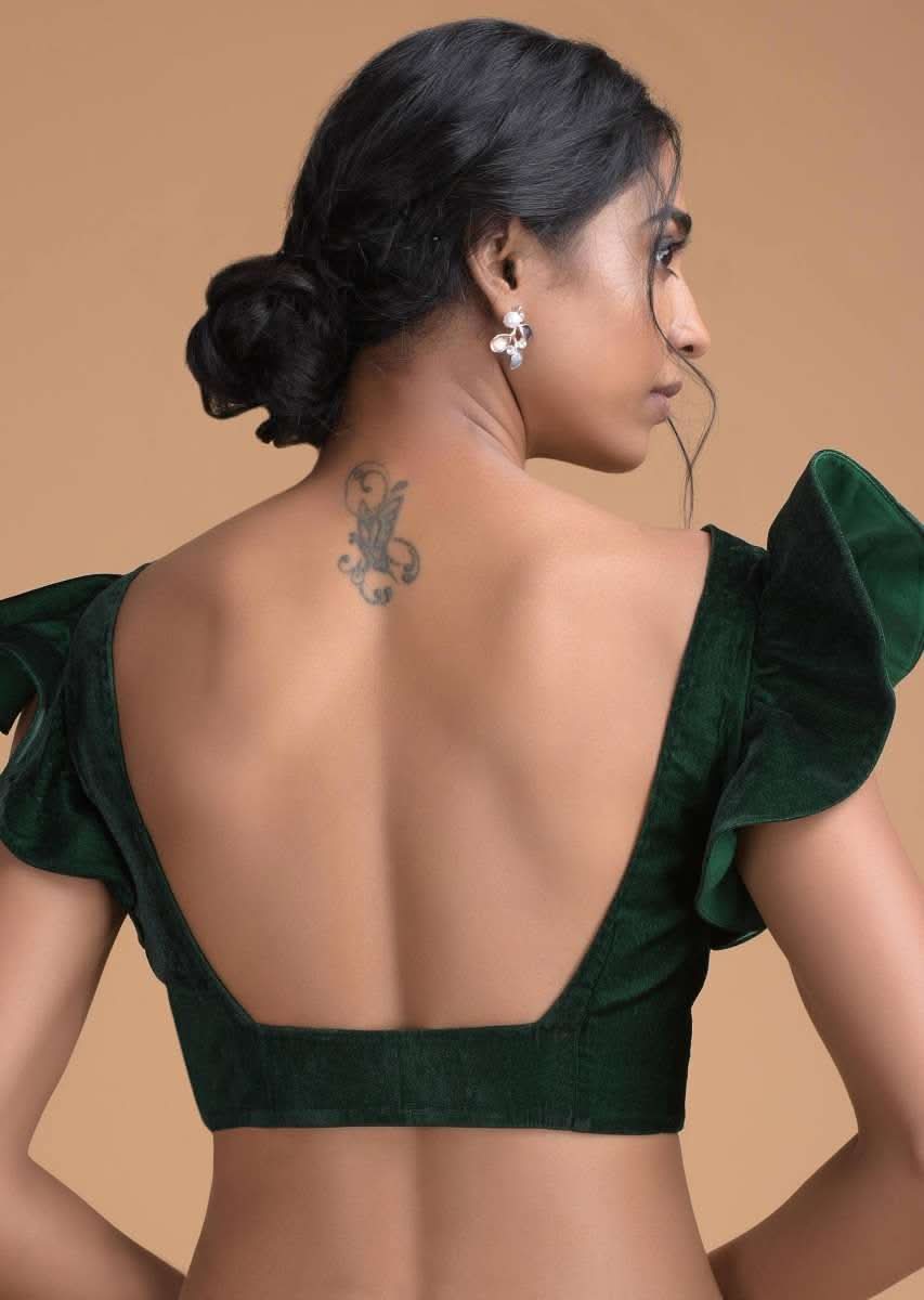 Forest Green Blouse In Velvet With Trapeze Neck And Ruffle Sleeves - Image 4