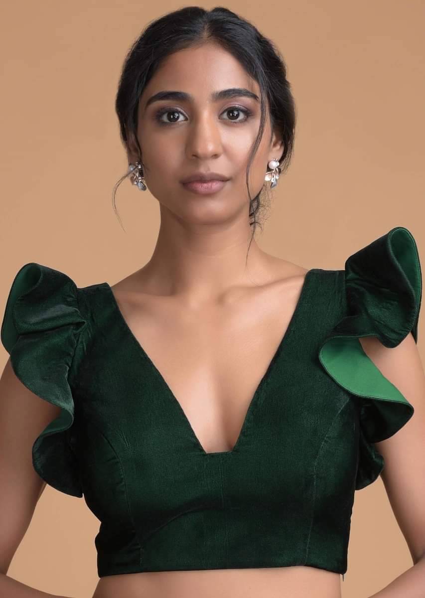 Forest Green Blouse In Velvet With Trapeze Neck And Ruffle Sleeves - Image 5