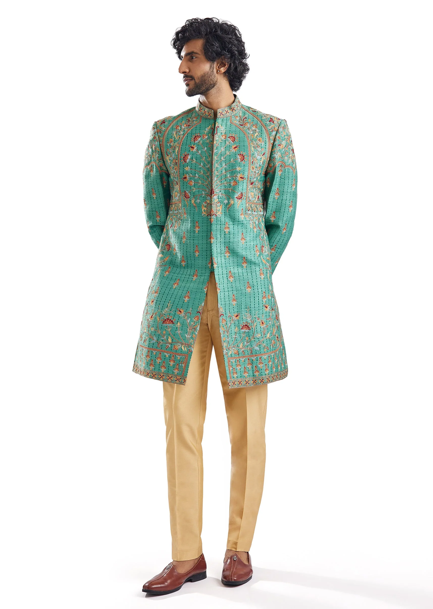 Forest Green Resham Groomsman Sherwani - Image 3