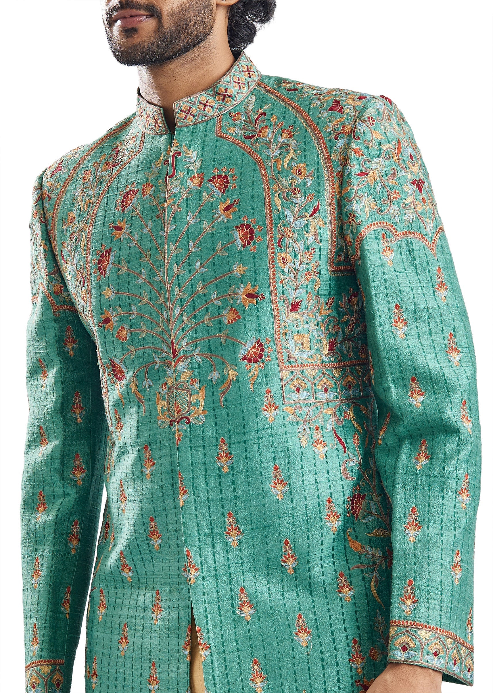 Forest Green Resham Groomsman Sherwani - Image 4
