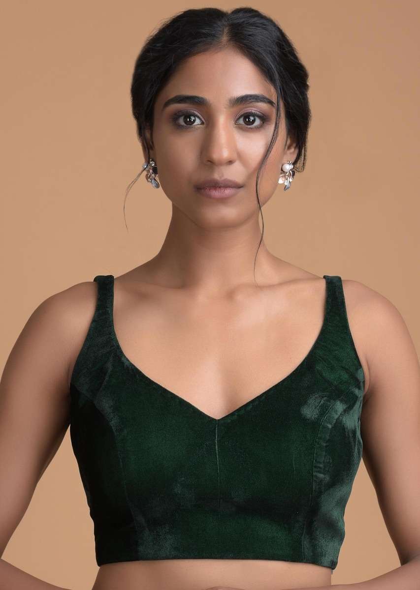 Forest Green Sleeveless Blouse With Sweetheart Neckline