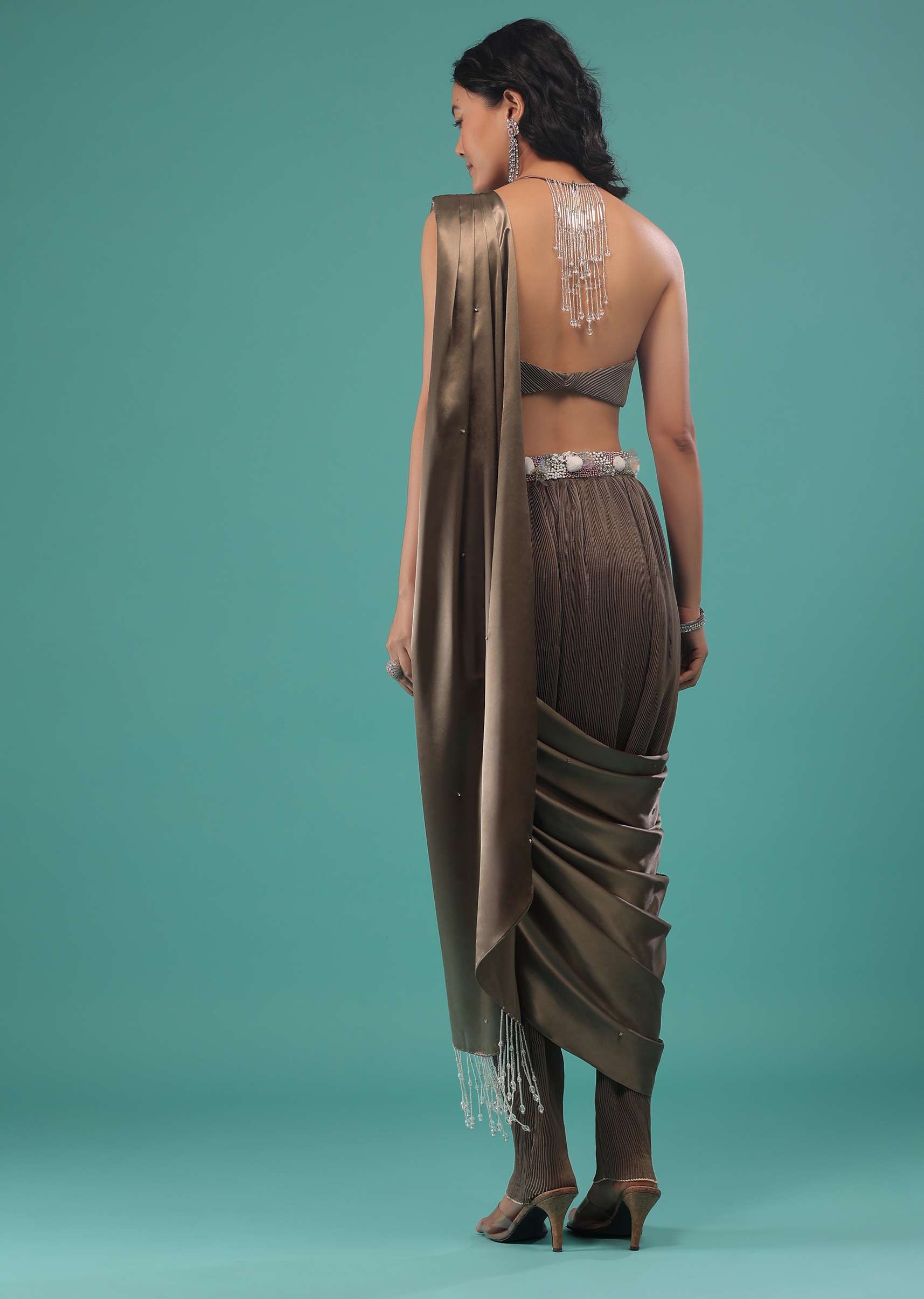 Fossil Brown Pre-Pleated Dhoti Saree In Knitted Pleated Fabric - Image 2