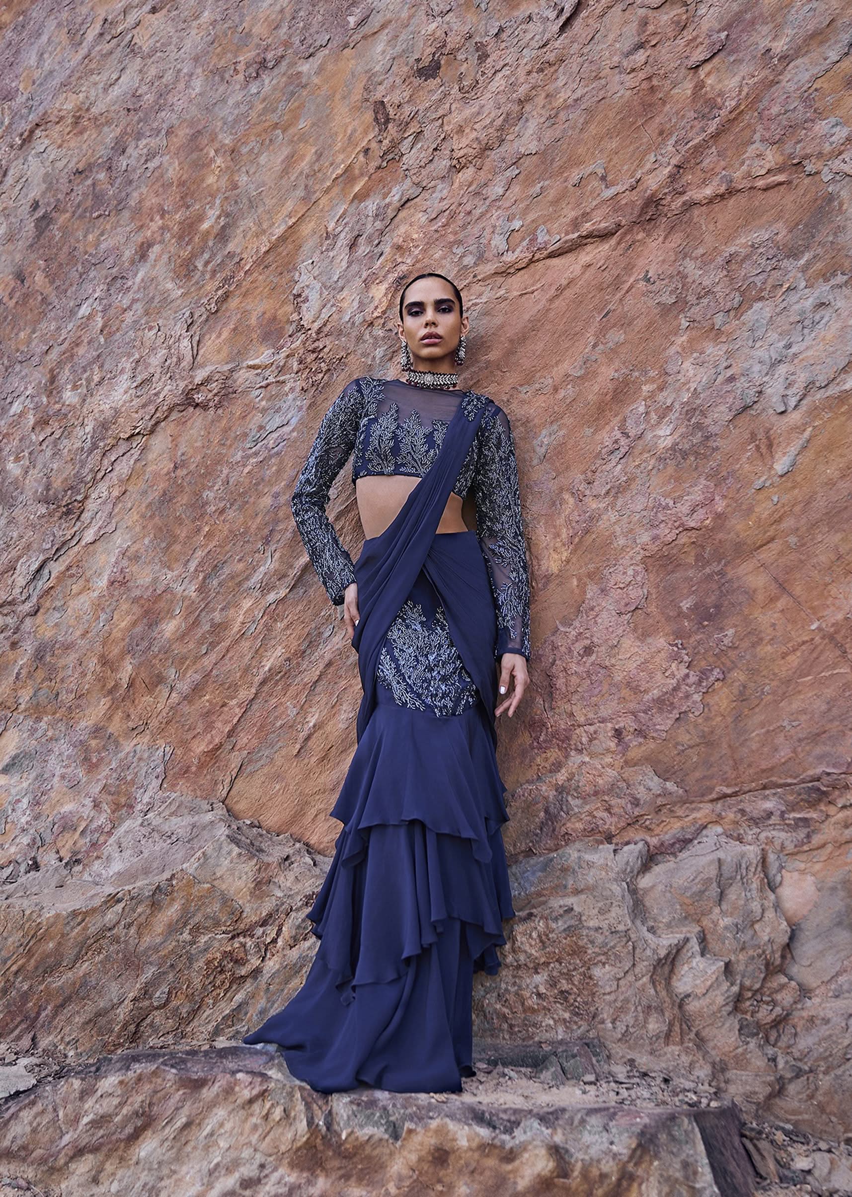 French Blue Fishcut Draped Frill Saree With Blouse - Image 2