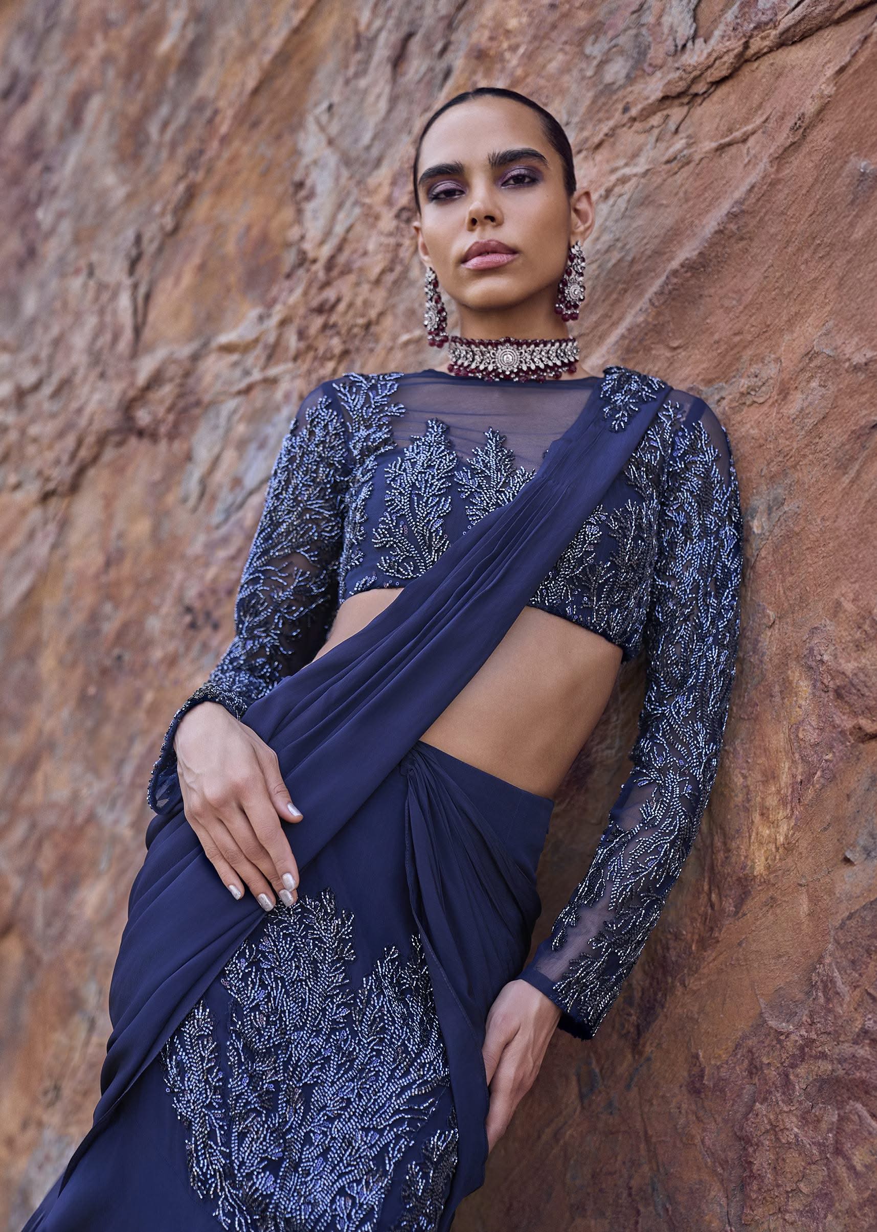 French Blue Fishcut Draped Frill Saree With Blouse - Image 4