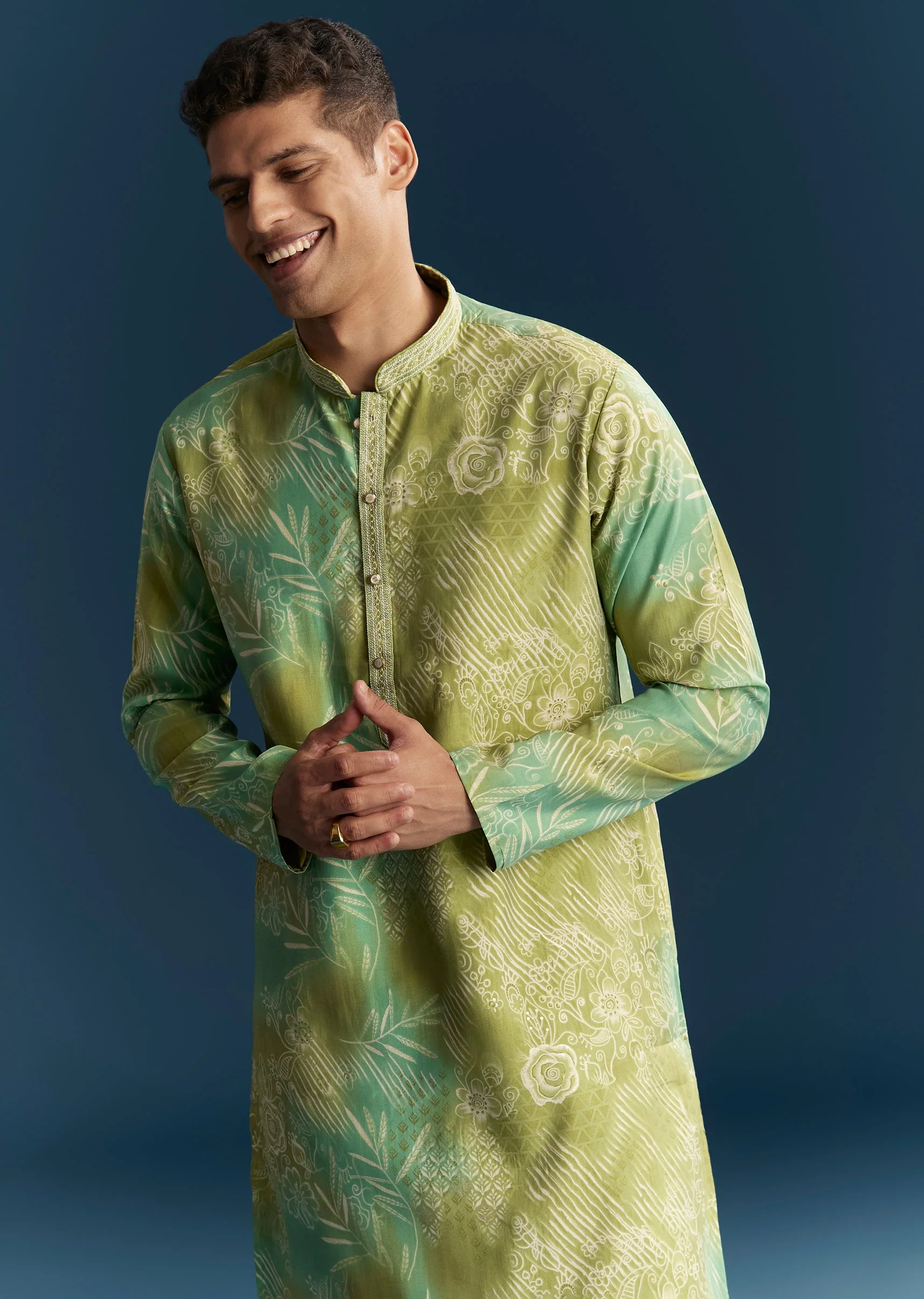 Fresh Green Pair – Printed Saree For Her And Printed Kurta Set For Him - Image 11