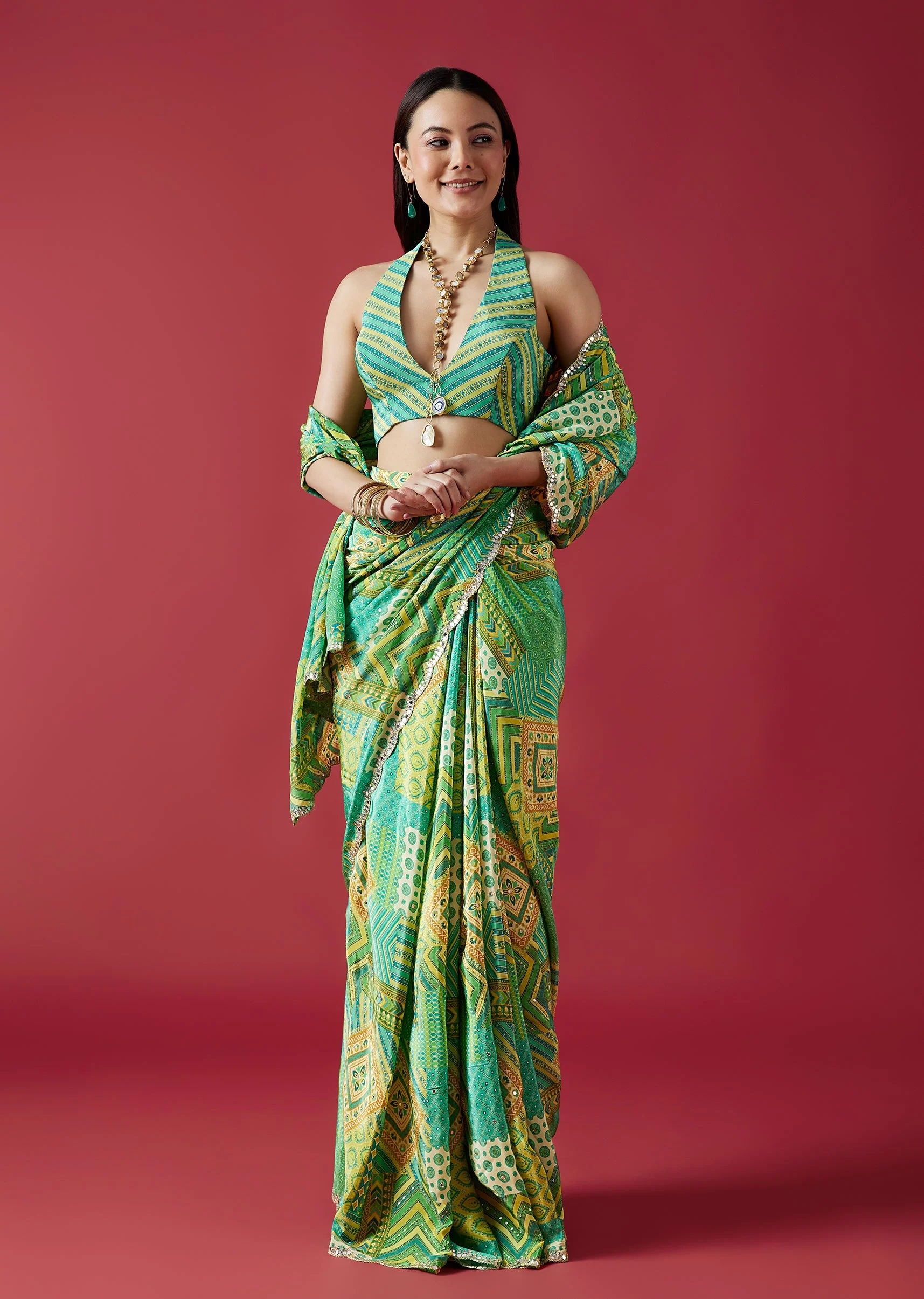 Fresh Green Pair – Printed Saree For Her And Printed Kurta Set For Him - Image 4