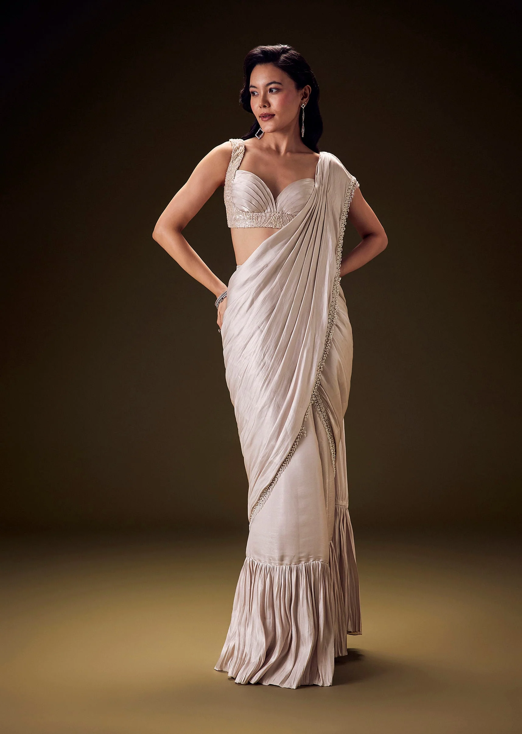 Frosted Ivory Satin Ruffled Saree Set