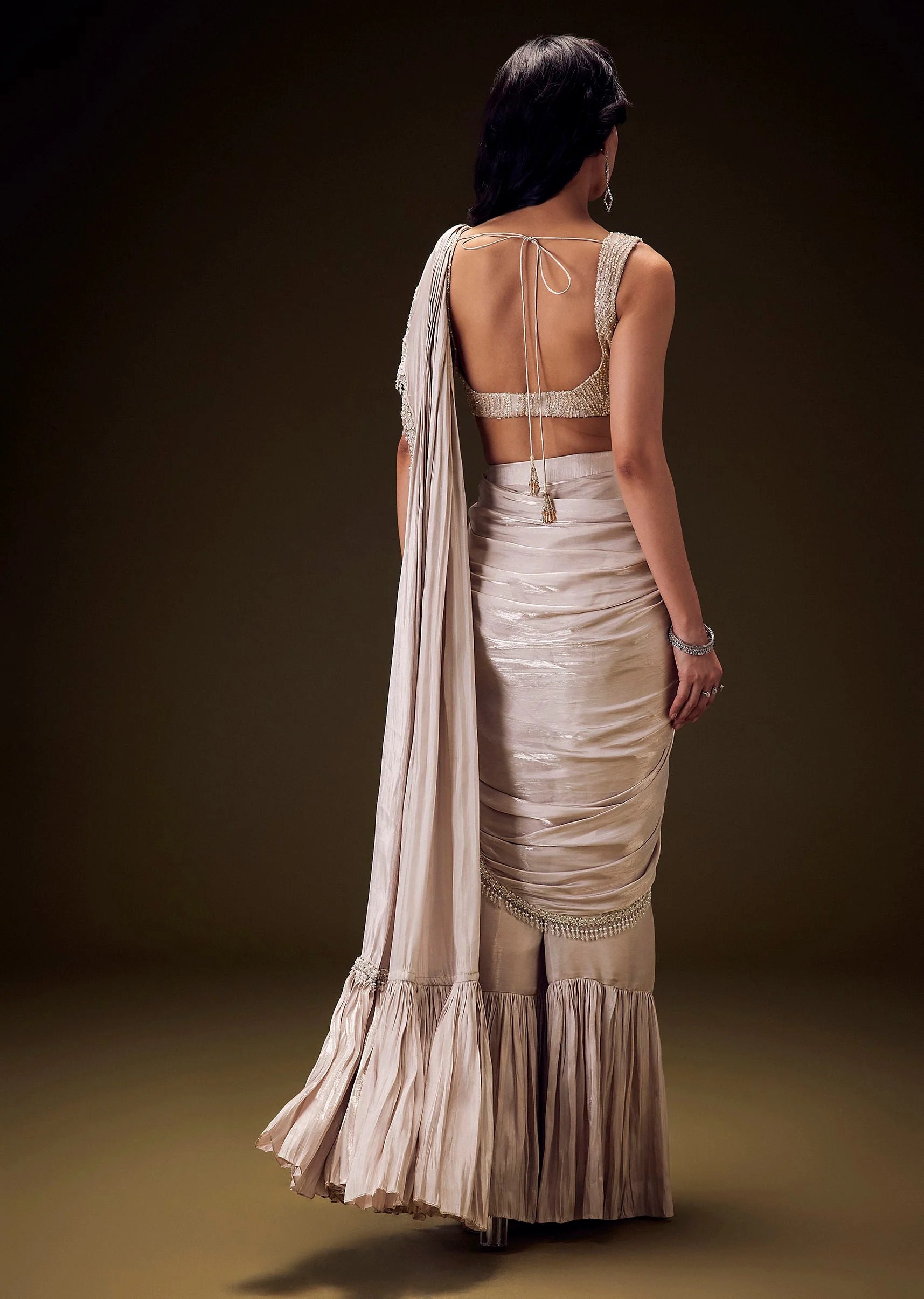 Frosted Ivory Satin Ruffled Saree Set - Image 4