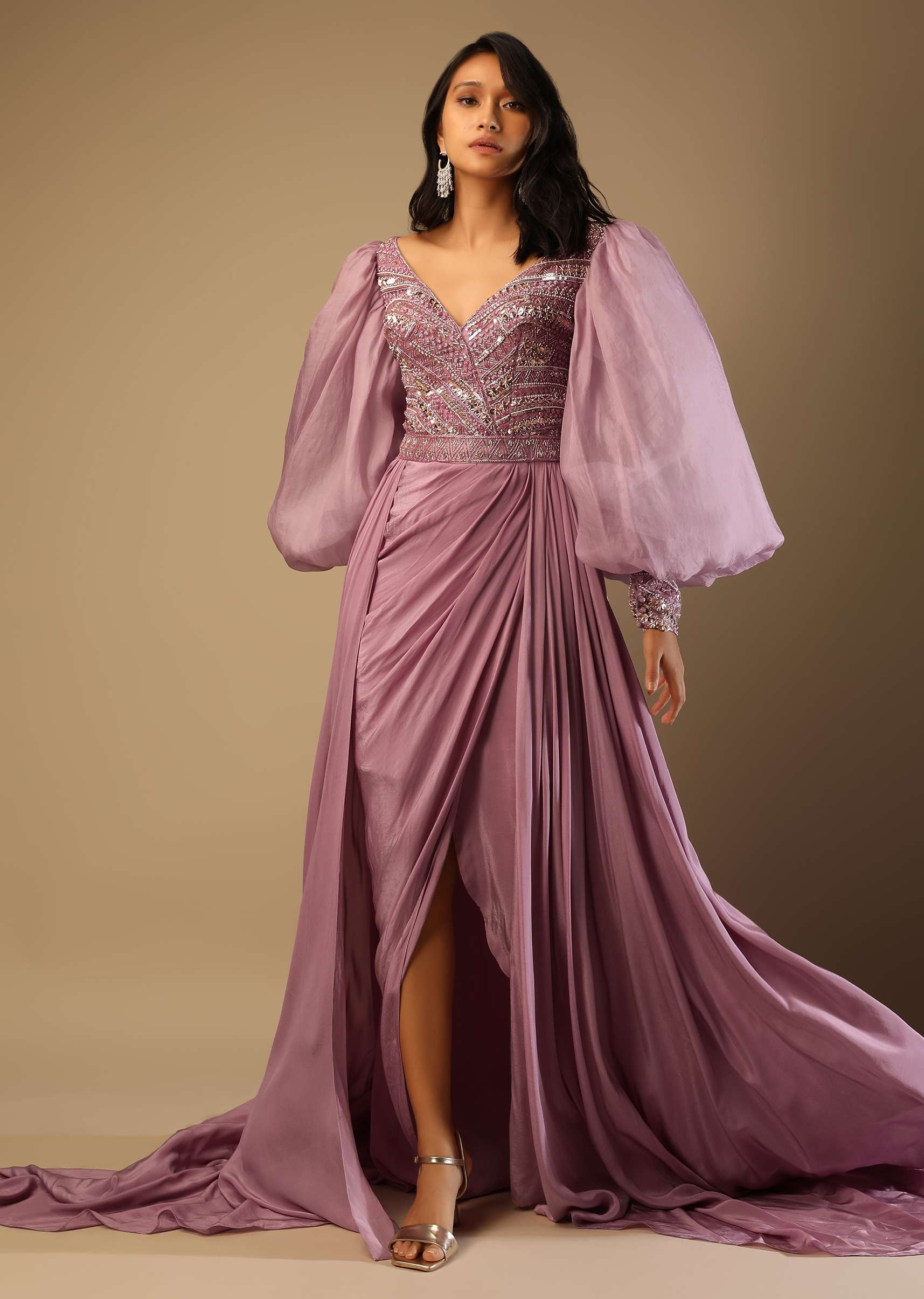 Frozen Mauve Gown With Hand Embroidered Bodice, Balloon Sleeves And A Long Trail - Image 2