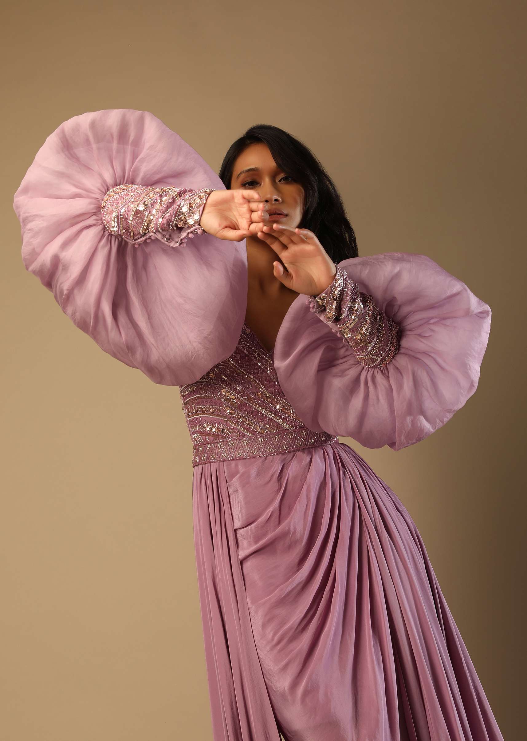 Frozen Mauve Gown With Hand Embroidered Bodice, Balloon Sleeves And A Long Trail - Image 3