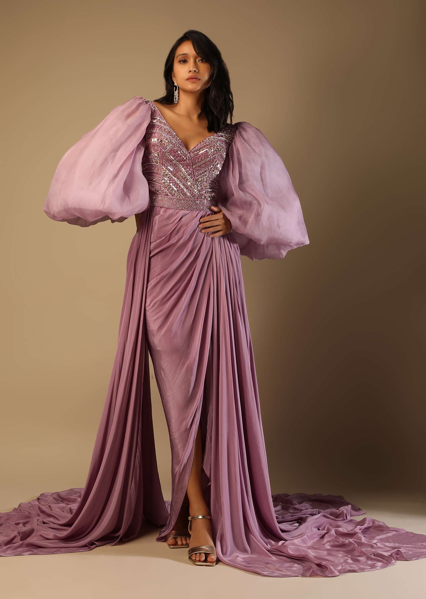 Frozen Mauve Gown With Hand Embroidered Bodice, Balloon Sleeves And A Long Trail - Image 4