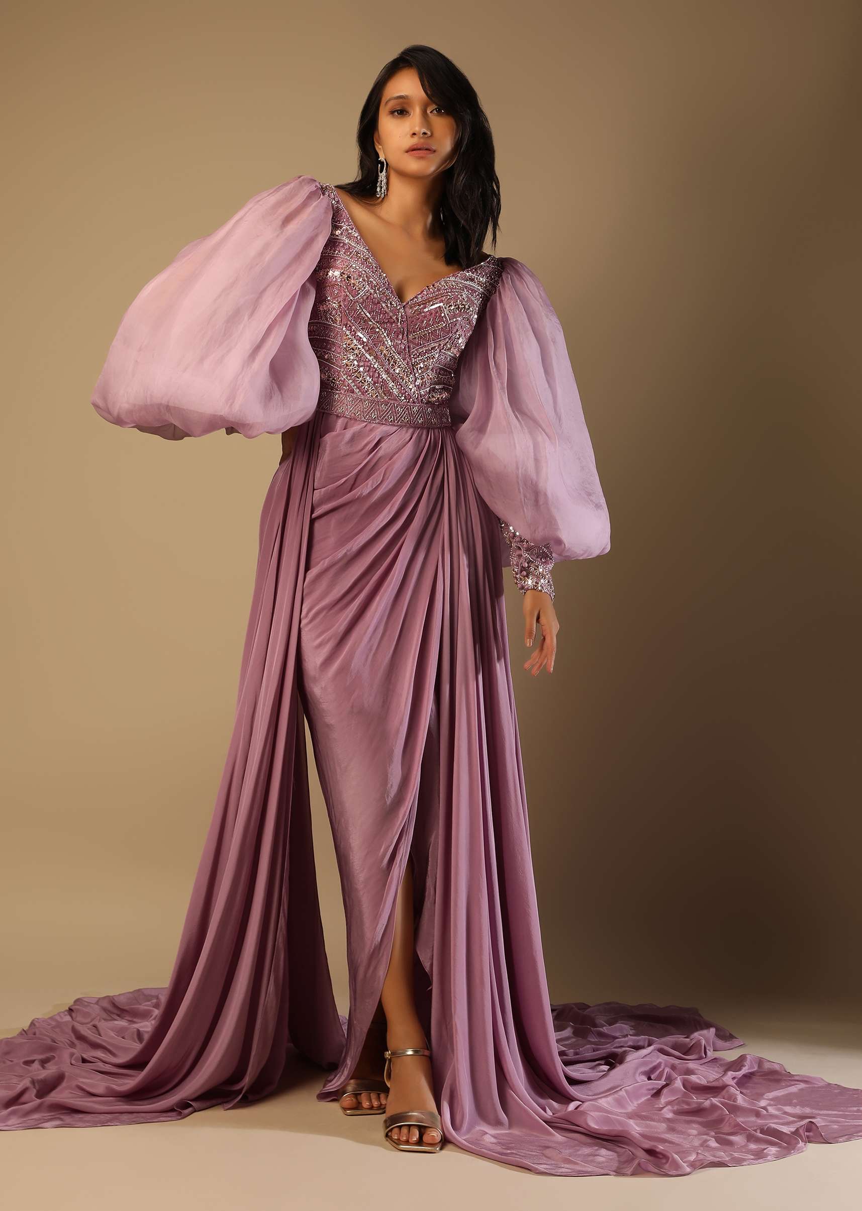 Frozen Mauve Gown With Hand Embroidered Bodice, Balloon Sleeves And A Long Trail - Image 5