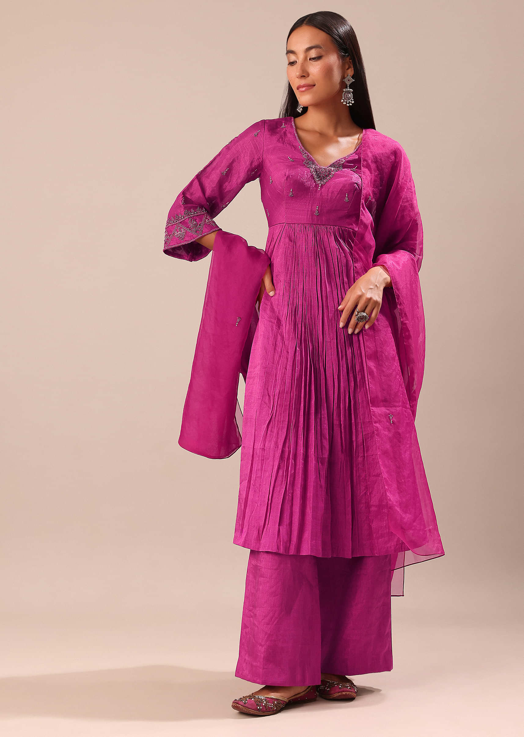 Fuchsia Pink Hand Embroidered Kurta Palazzo Set - Image 3