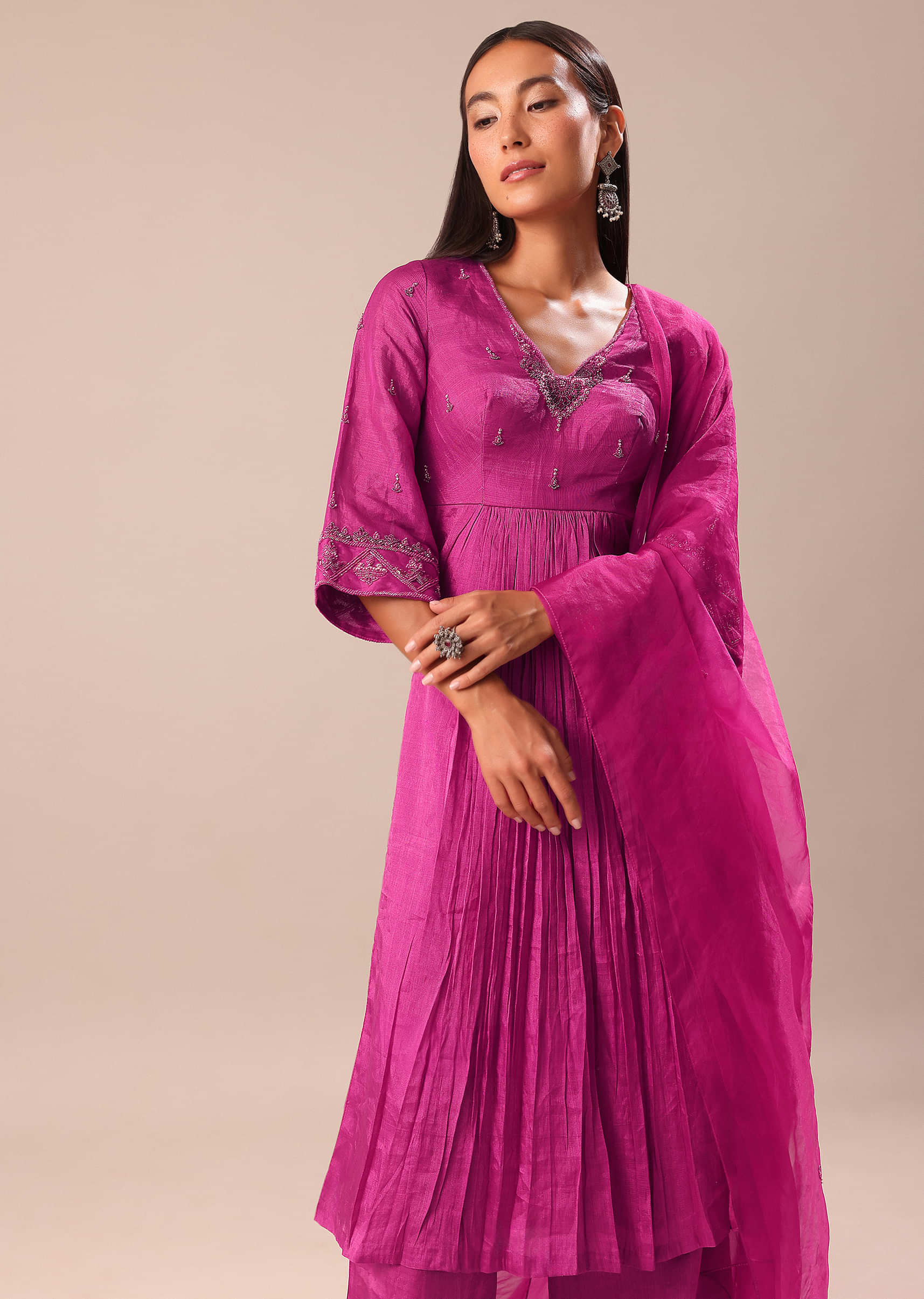Fuchsia Pink Hand Embroidered Kurta Palazzo Set - Image 4