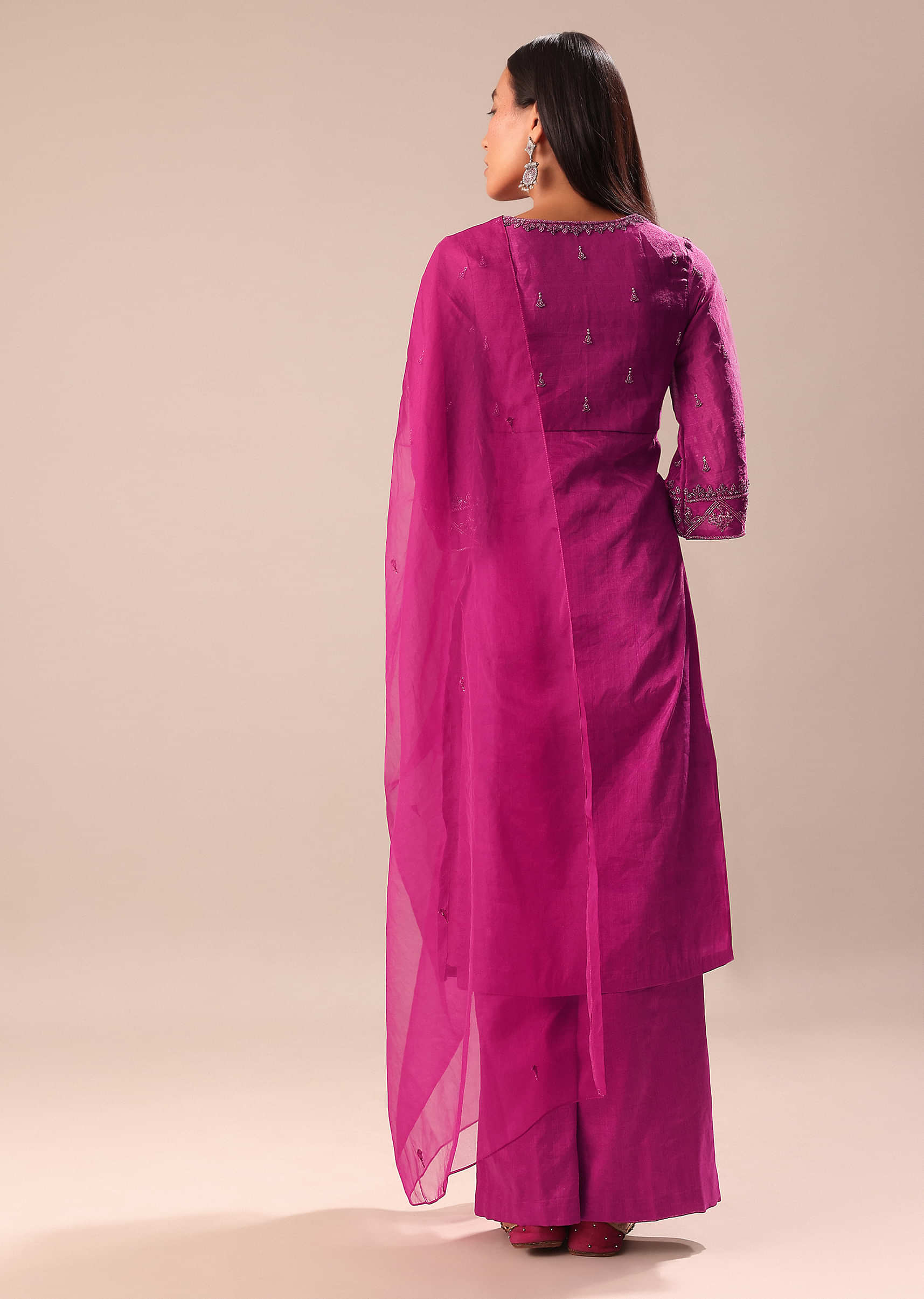 Fuchsia Pink Hand Embroidered Kurta Palazzo Set - Image 5