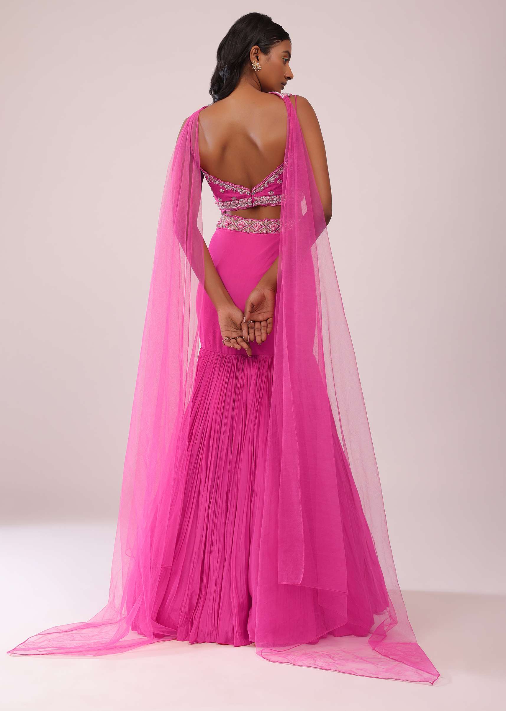 Fuschia Pink Lehenga And Hand Embroidered Blouse Set In Crepe - Image 5