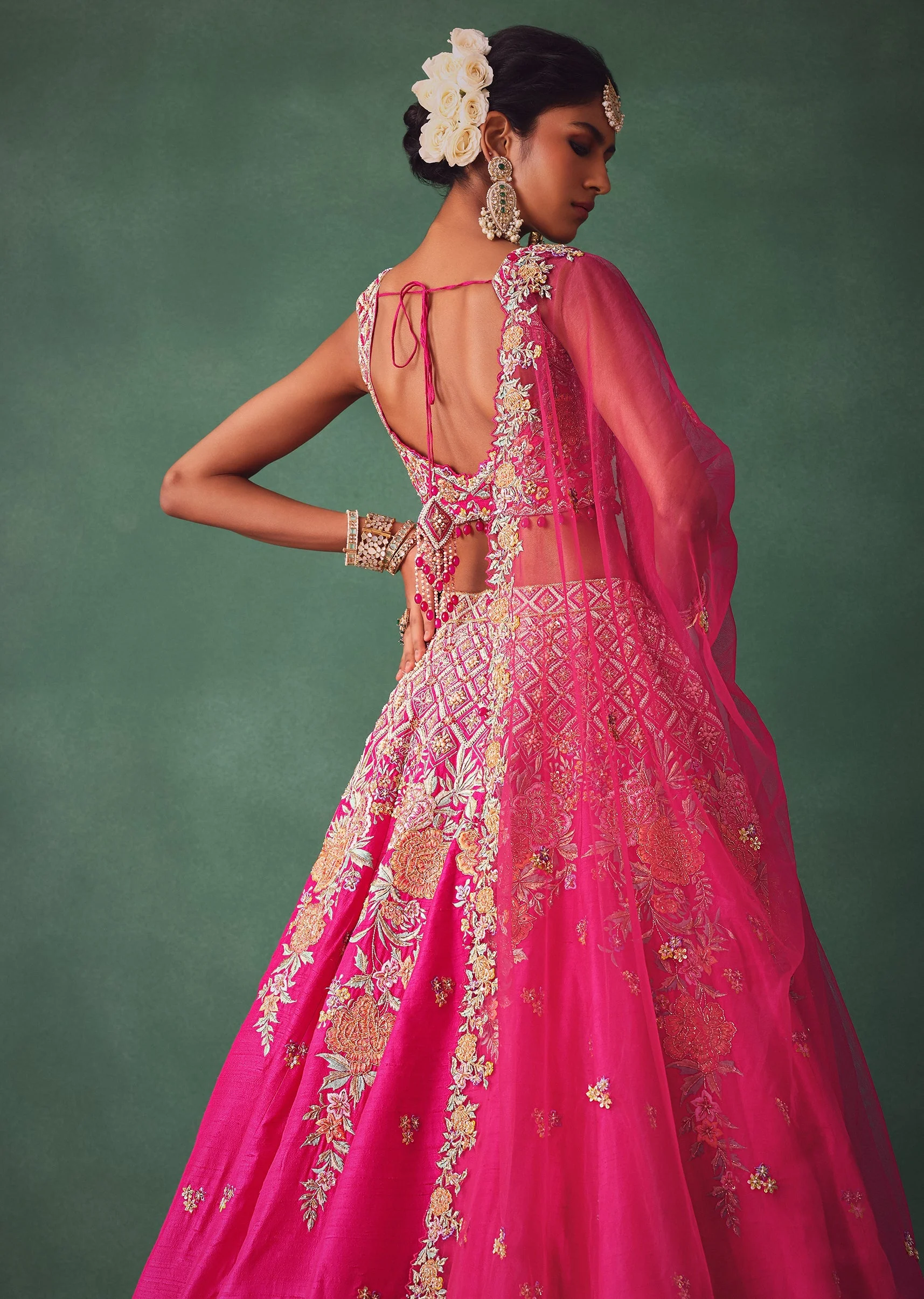 Fuschia Pink Raw Silk Multi Colour Threadwork Lehenga Dupatta With Embroidered Blouse - Image 4