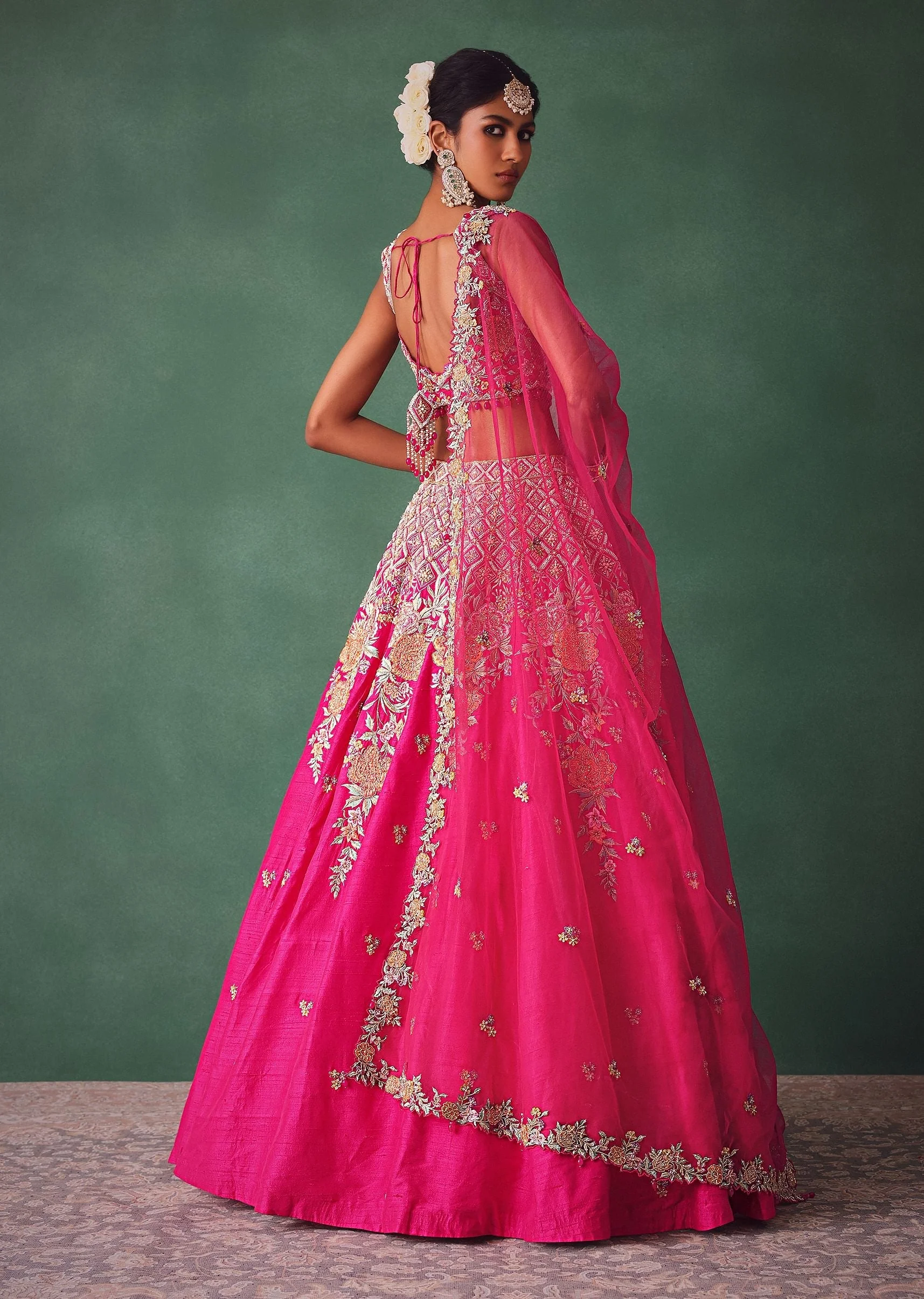 Fuschia Pink Raw Silk Multi Colour Threadwork Lehenga Dupatta With Embroidered Blouse - Image 6
