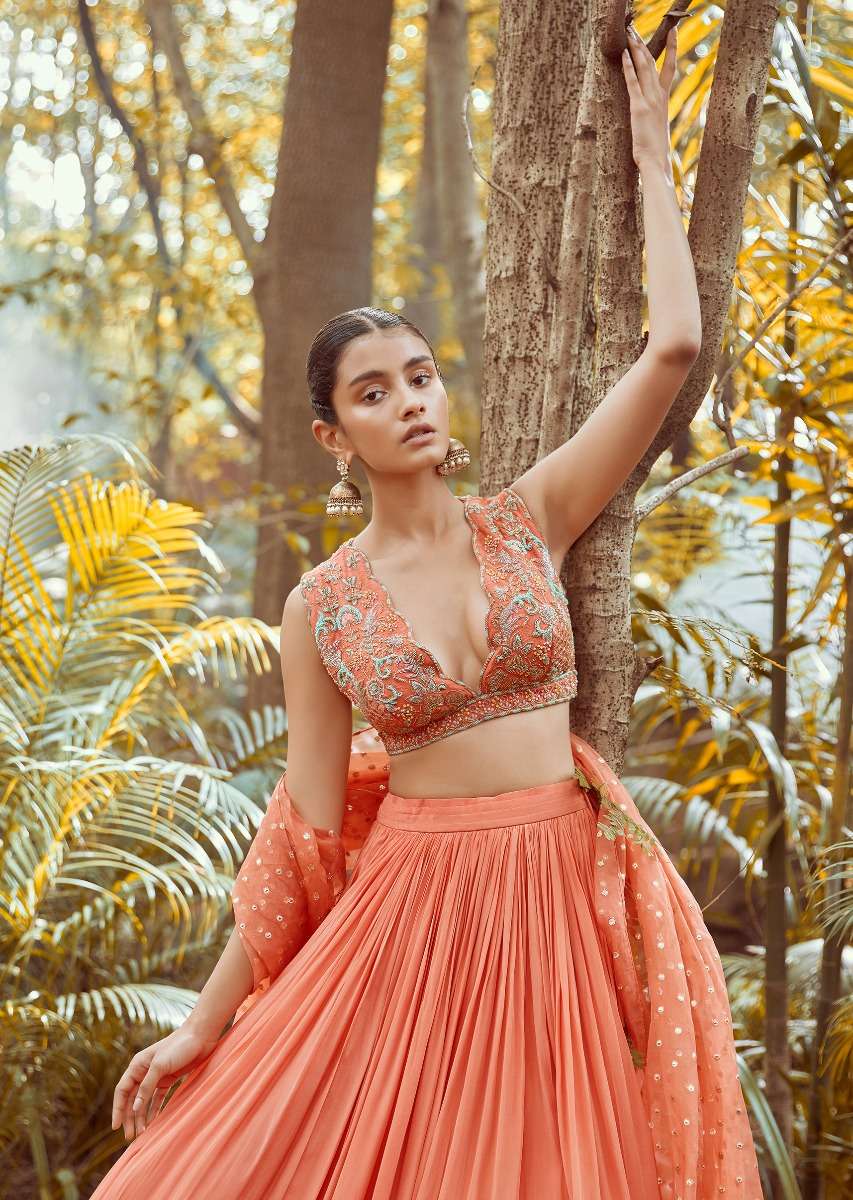 Fusion Coral Skirt In Crepe With Hand Embroidered Raw Silk Choli With Plunging Neckline - Image 4
