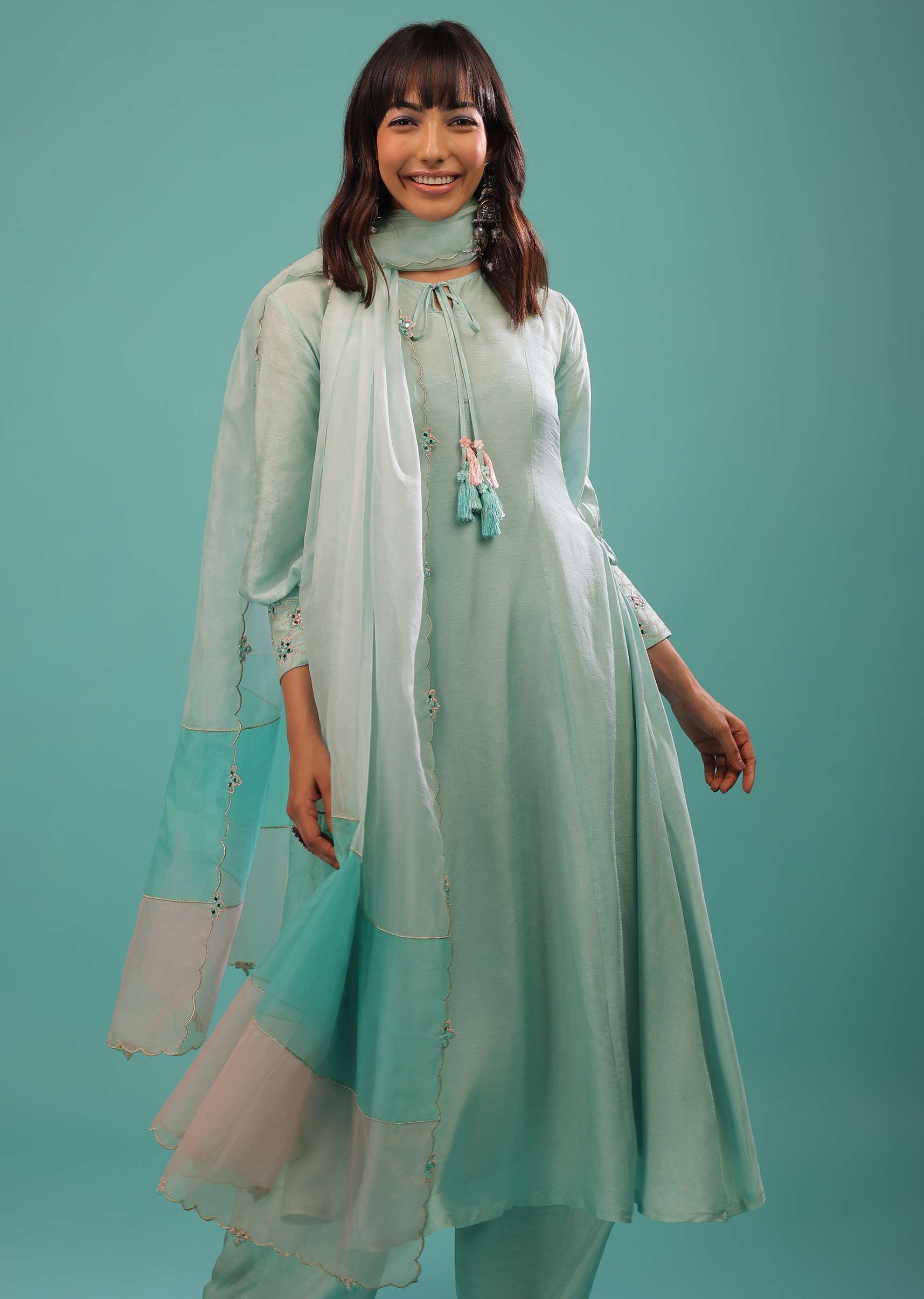 Powder Blue Silk A Line Palazzo Suit With Mirror Work - Image 4