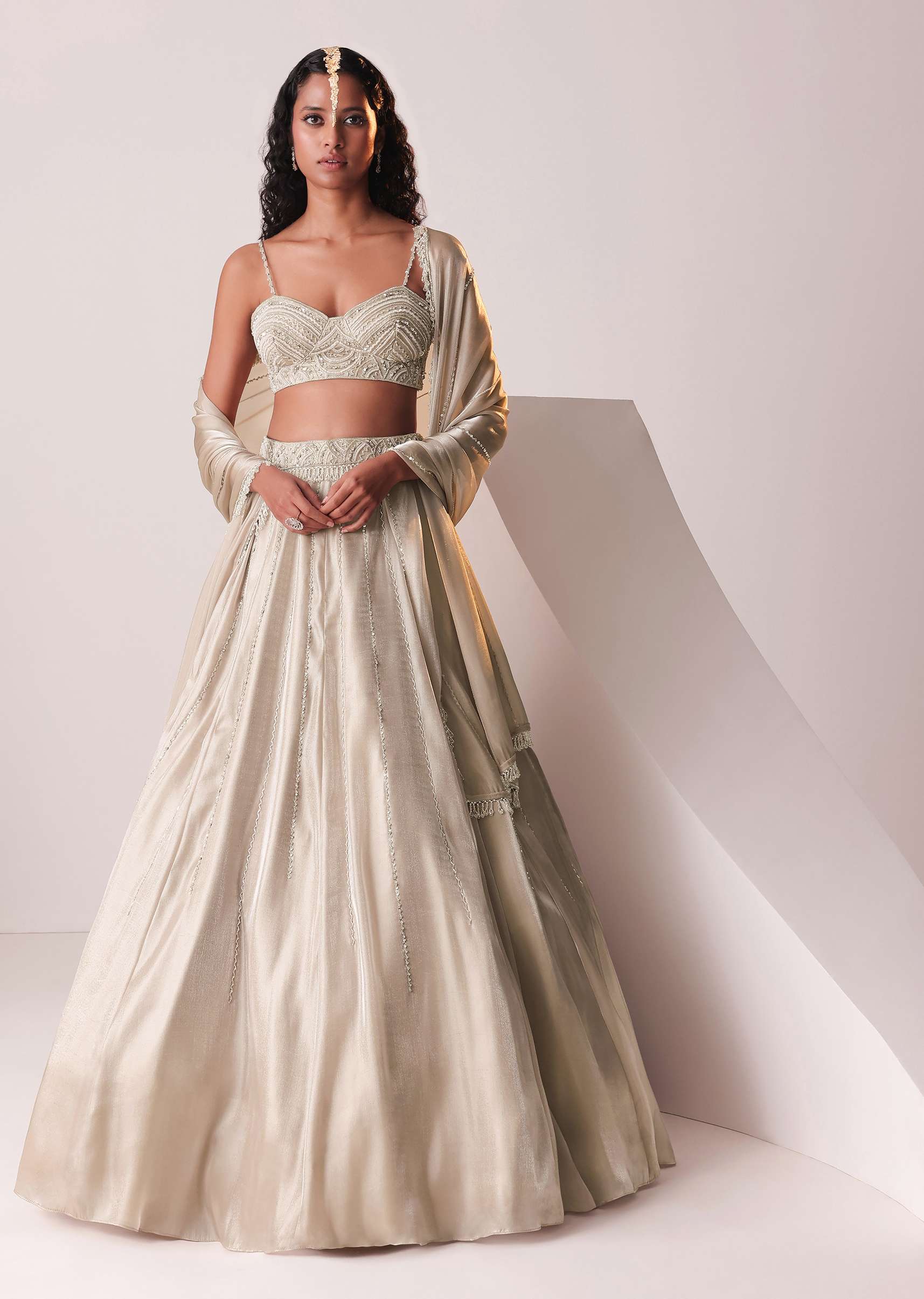 Glam Silver Embroidered Lehenga Set In Organza - Image 2