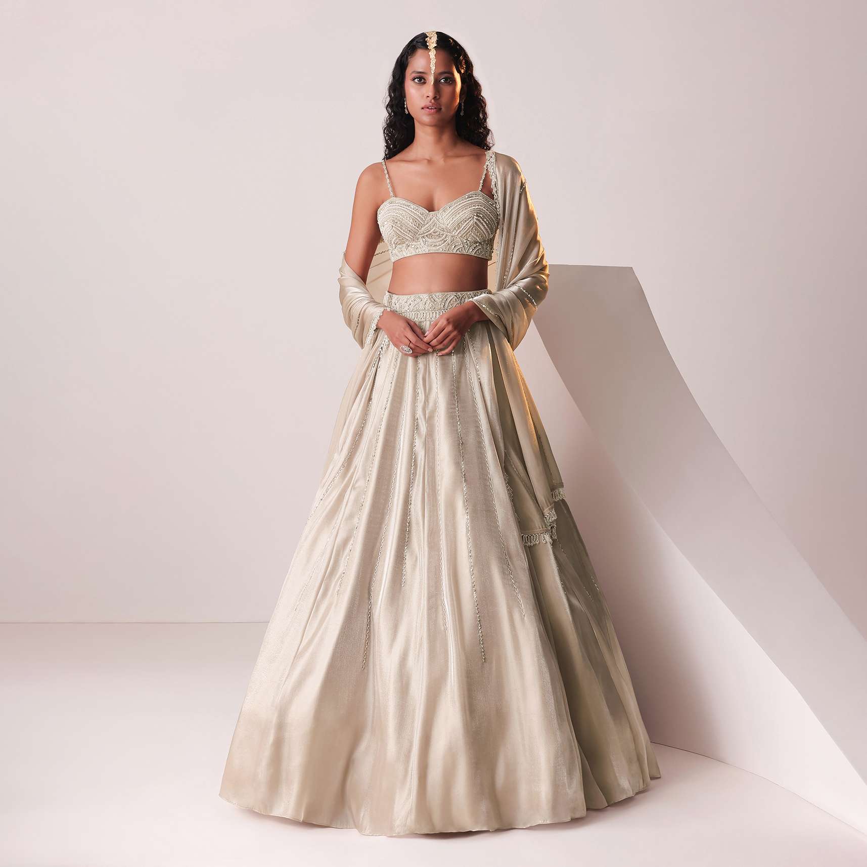 Glam Silver Embroidered Lehenga Set In Organza - Image 3